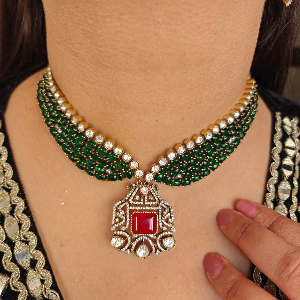 Rati Doublet and Moissanite Polki Choker Set- Green n Rec
