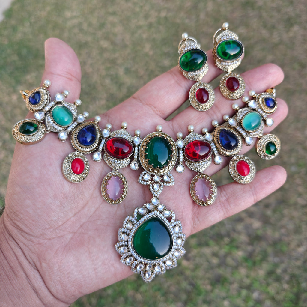 Sabyasachi Inspired Garima Moissanite Natural Stone Choker Necklace Set- Multi