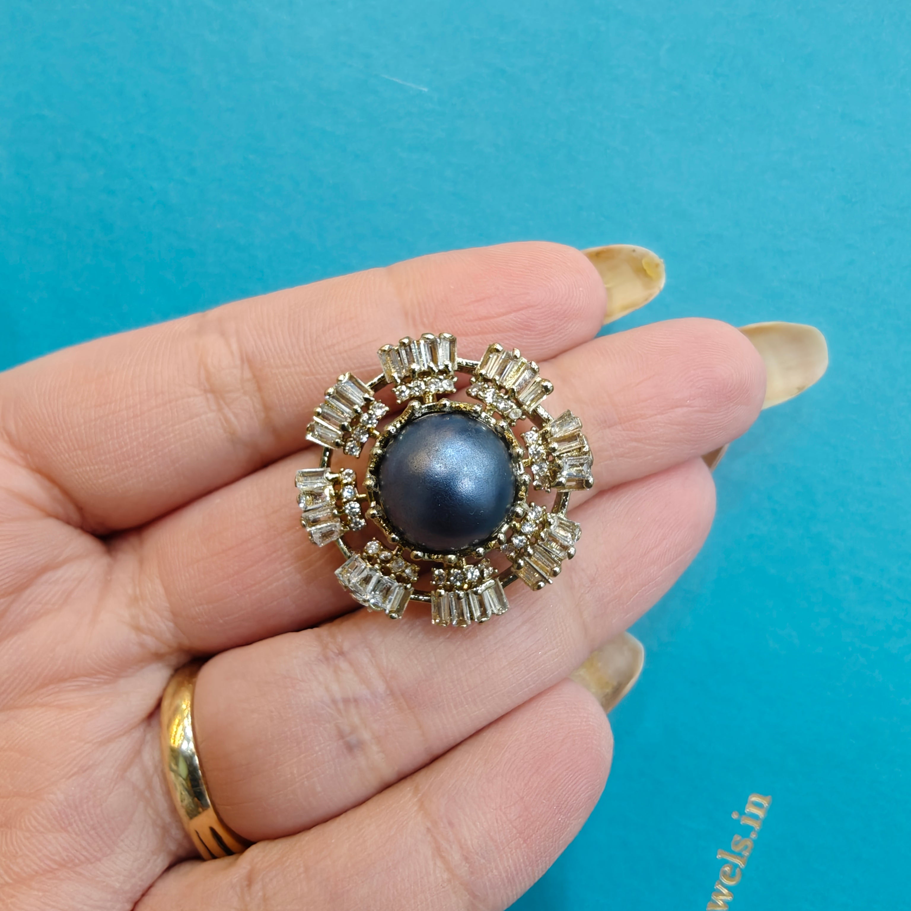 Sakshi Natural Stone Baguette Adjustable Ring- Metallic Blue