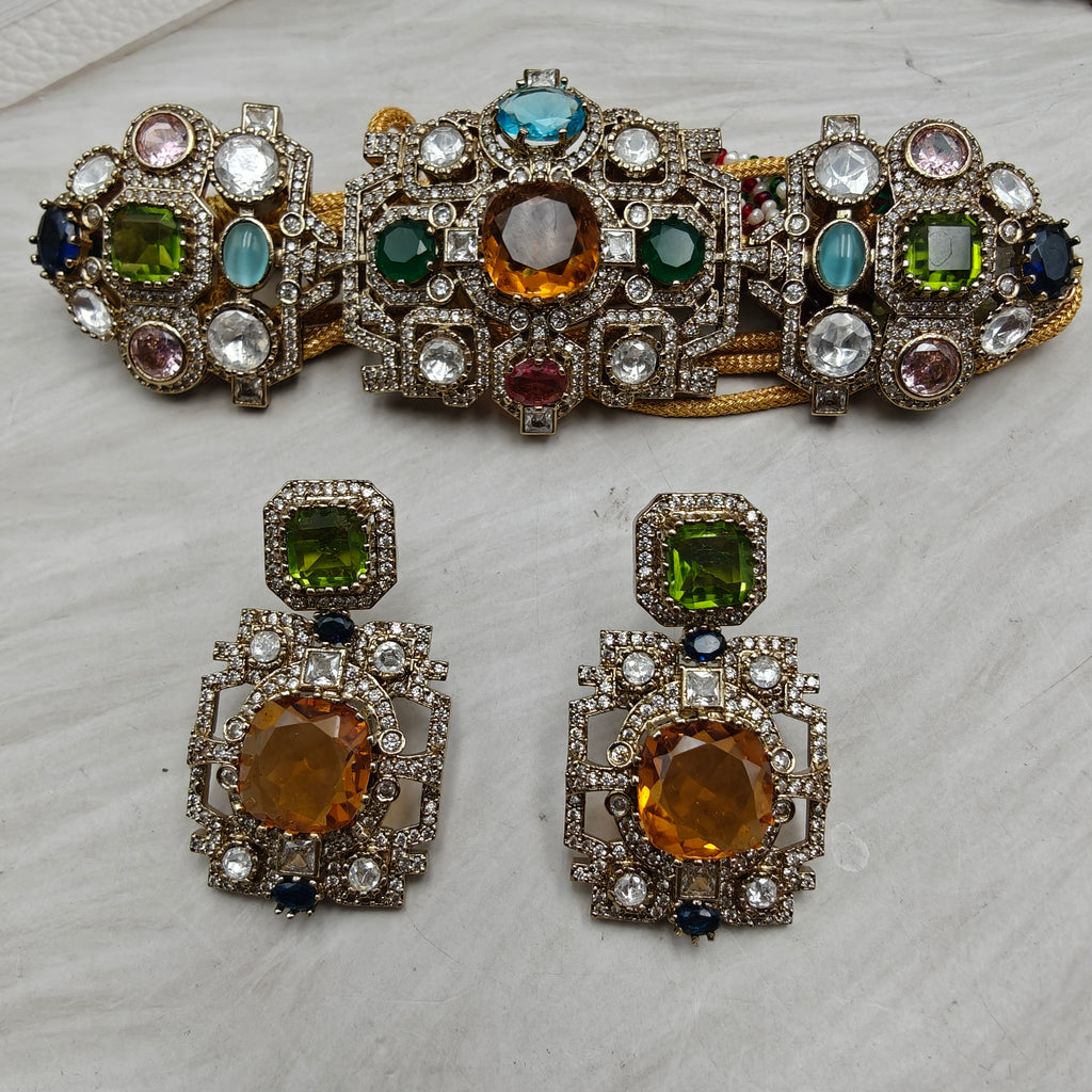 Sabyasachi Inspired Vatsala Multi Quartz Choker Set- Yellow Gold Multi