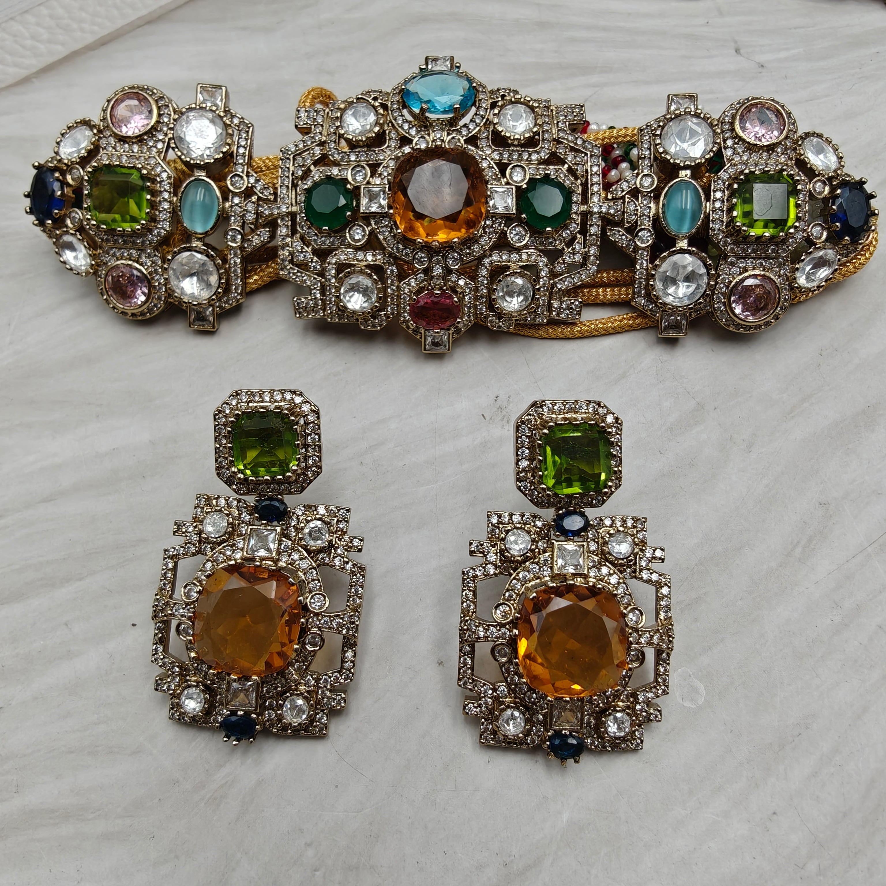 Sabyasachi Inspired Vatsala Multi Quartz Choker Set- Yellow Gold Multi