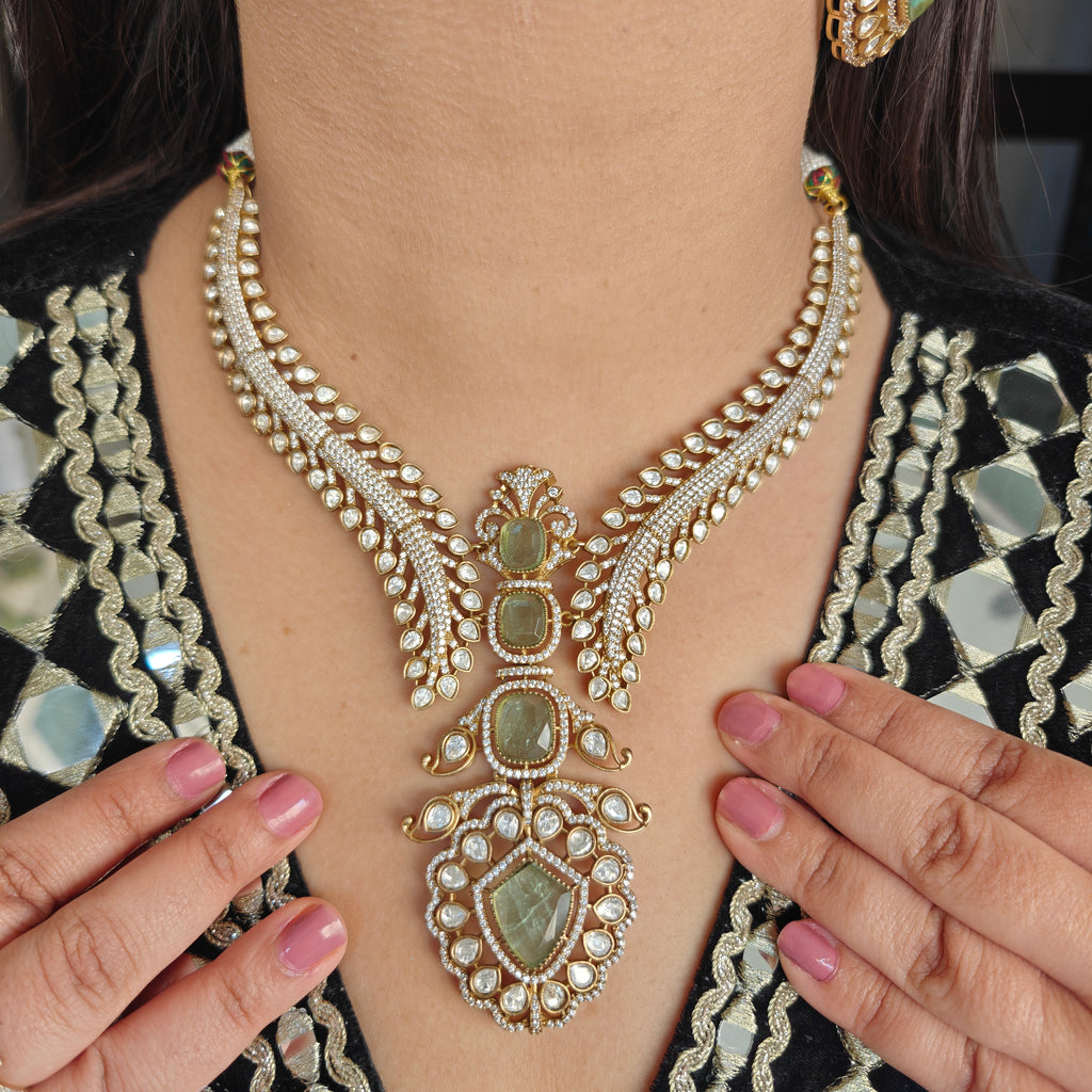 Jagruti Doublet and Moissanite Designer Necklace Set- Mint