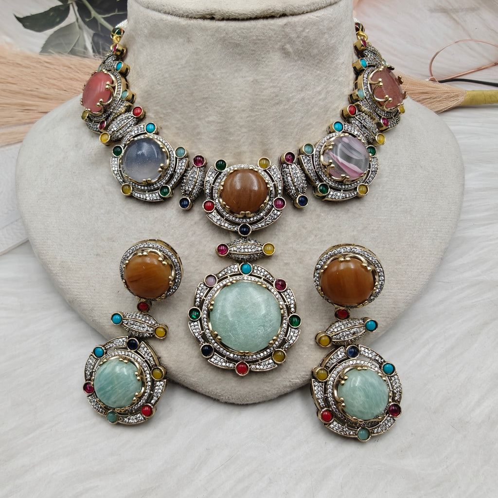 Maithali Sabyasachi Inspired Premium Semi Precious Stone Necklace Set - Multi 1
