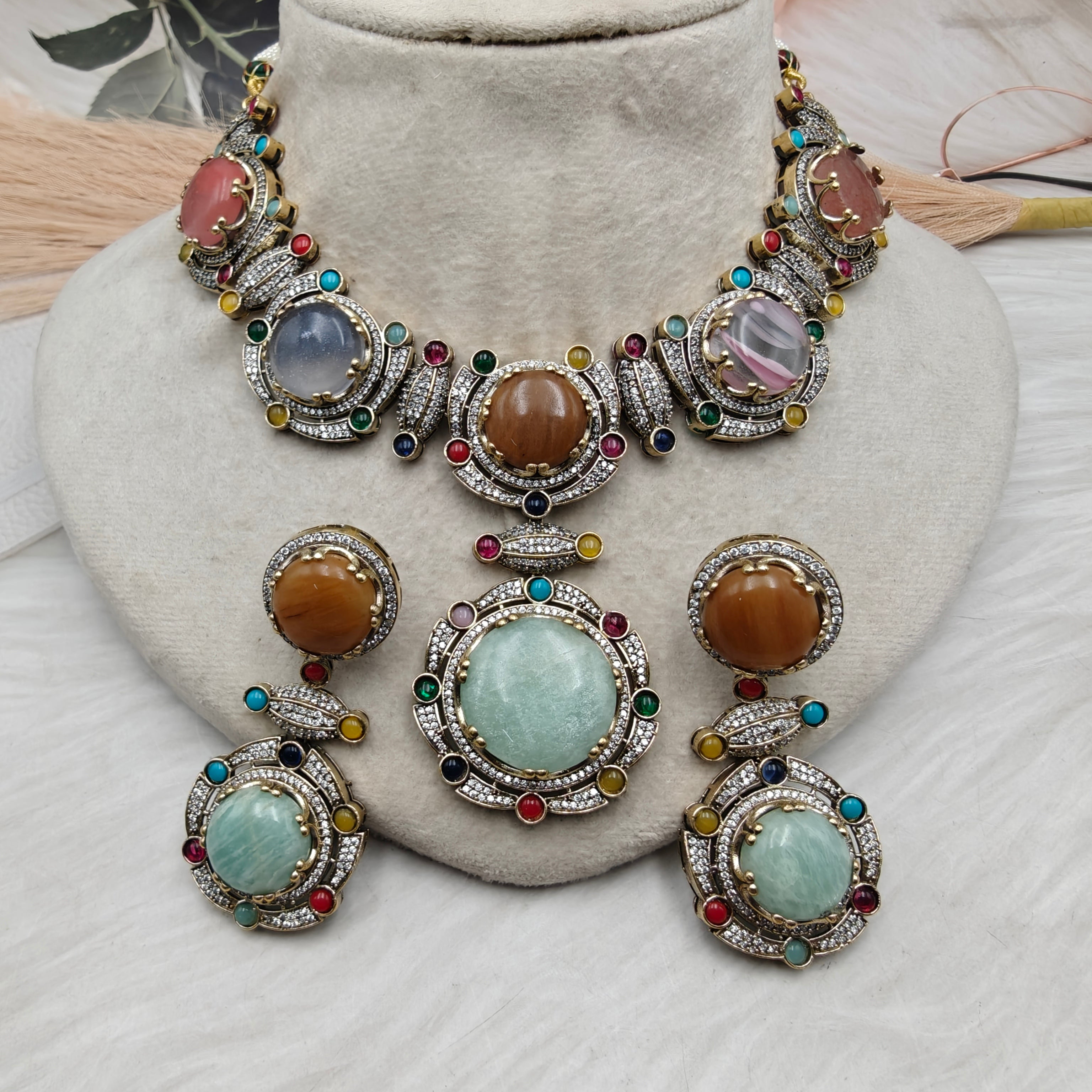 Maithali Sabyasachi Inspired Premium Semi Precious Stone Necklace Set - Multi 1