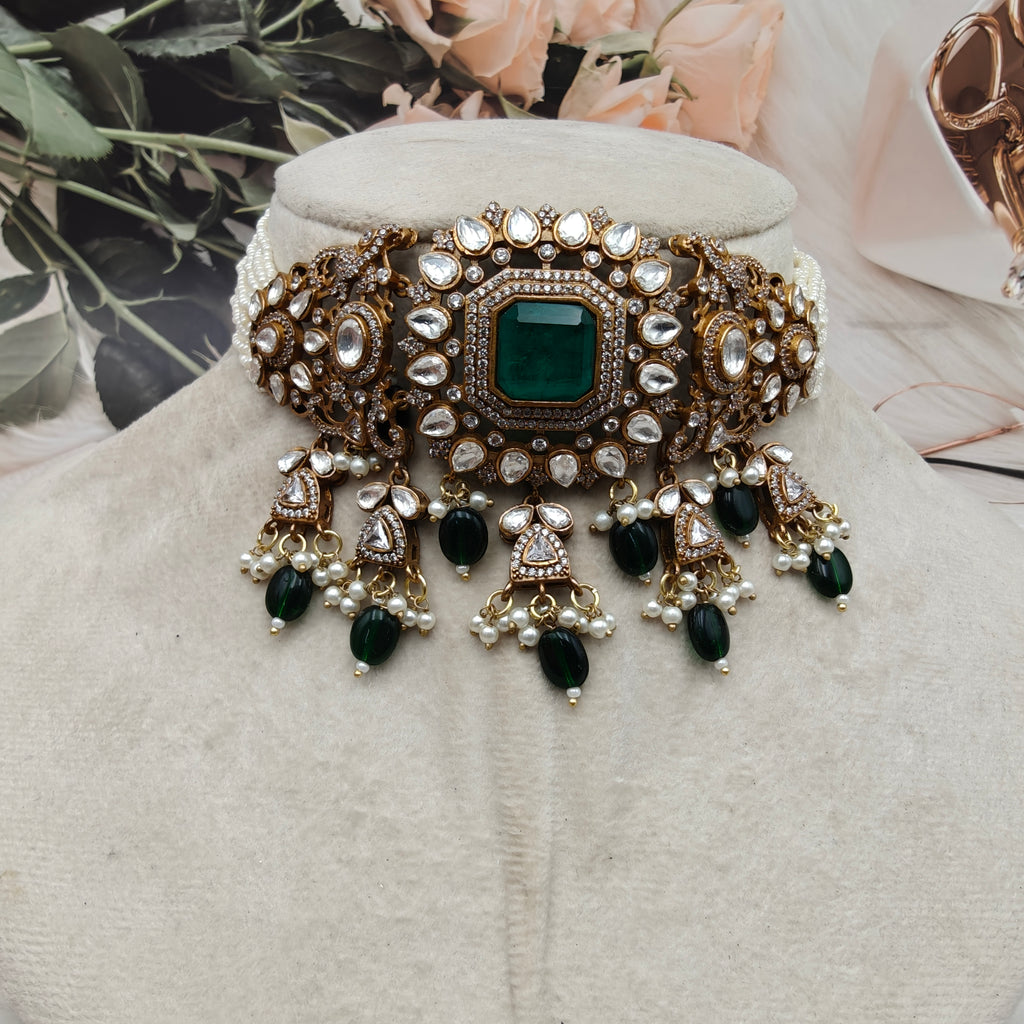 Shakti Doublet Victorian Finish Uncut Moissanite Polki Choker Set- Emerald Green