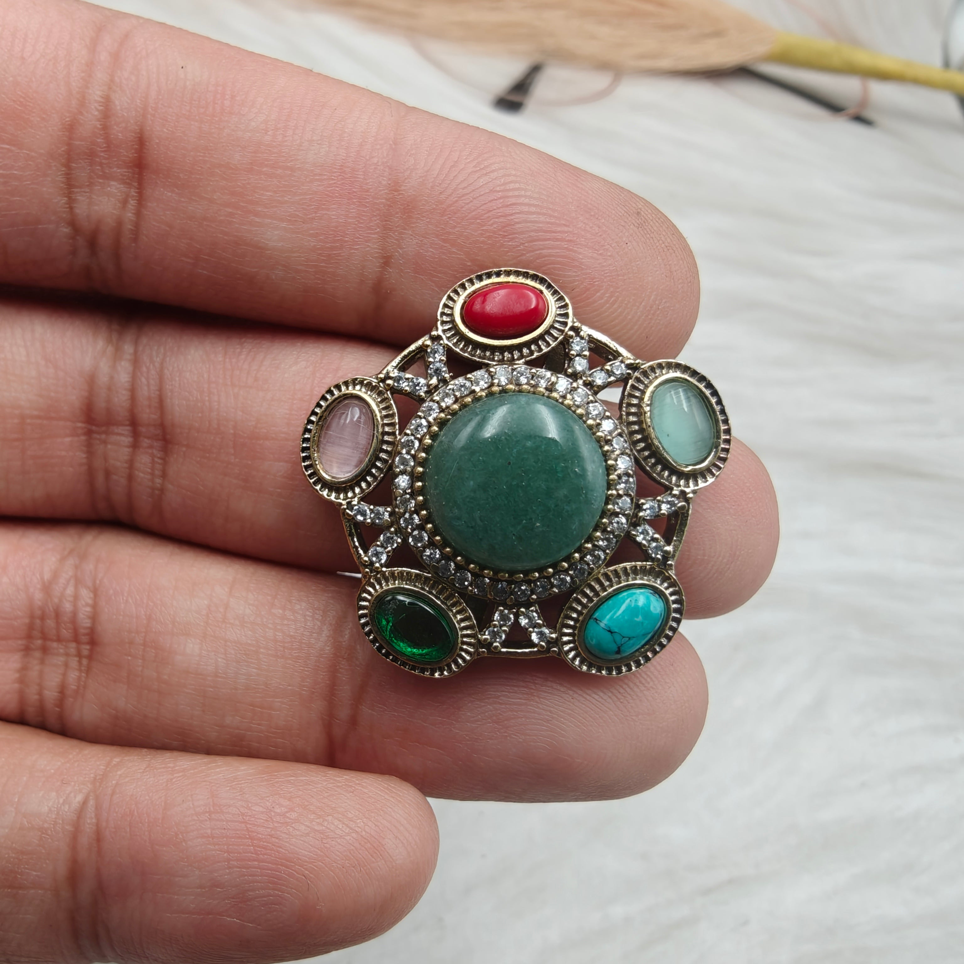 Nazni Inspired Multi Stone Adjustable Ring-Green aventurine Multi
