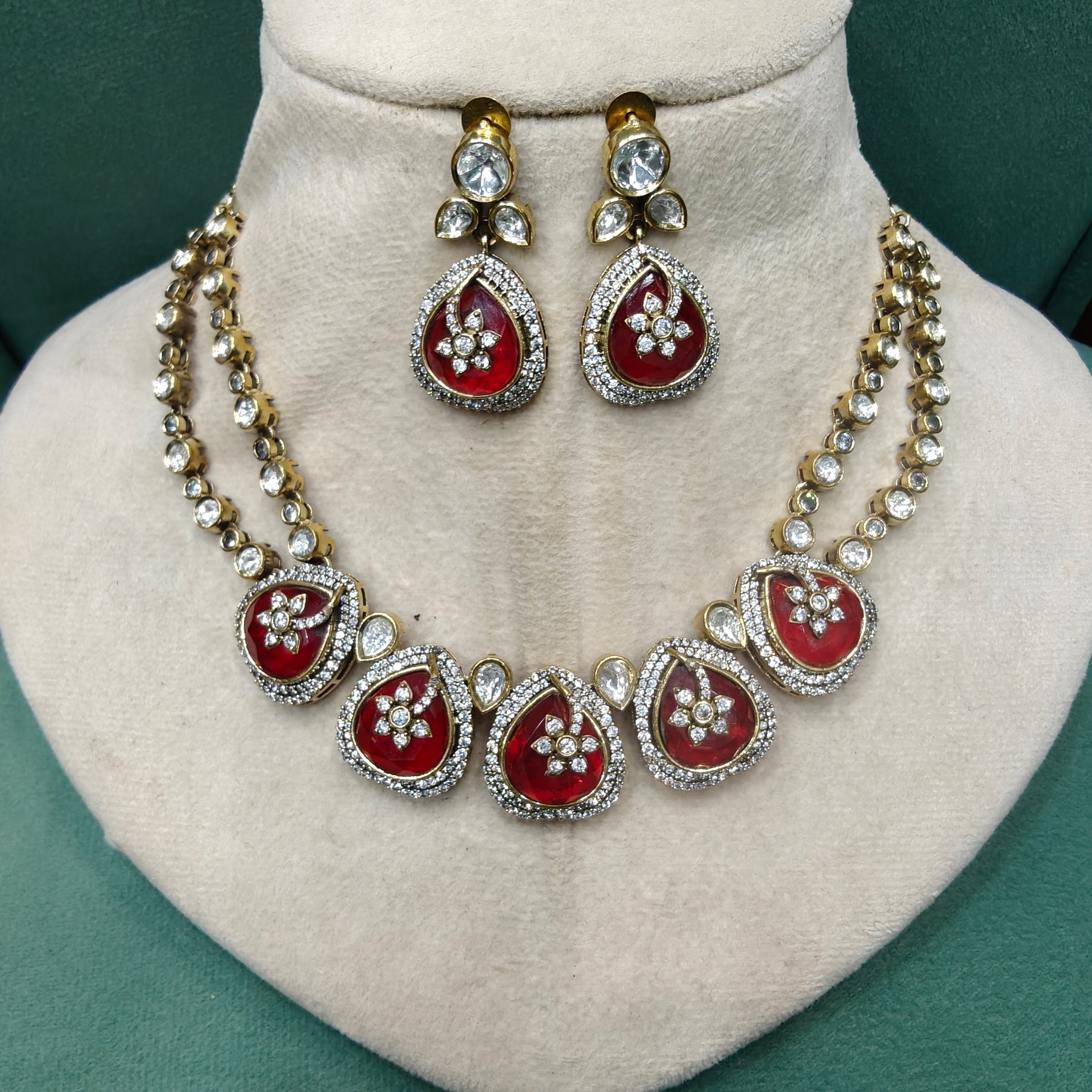 Dharti Doublet and Uncut Polki Necklace Set- Red