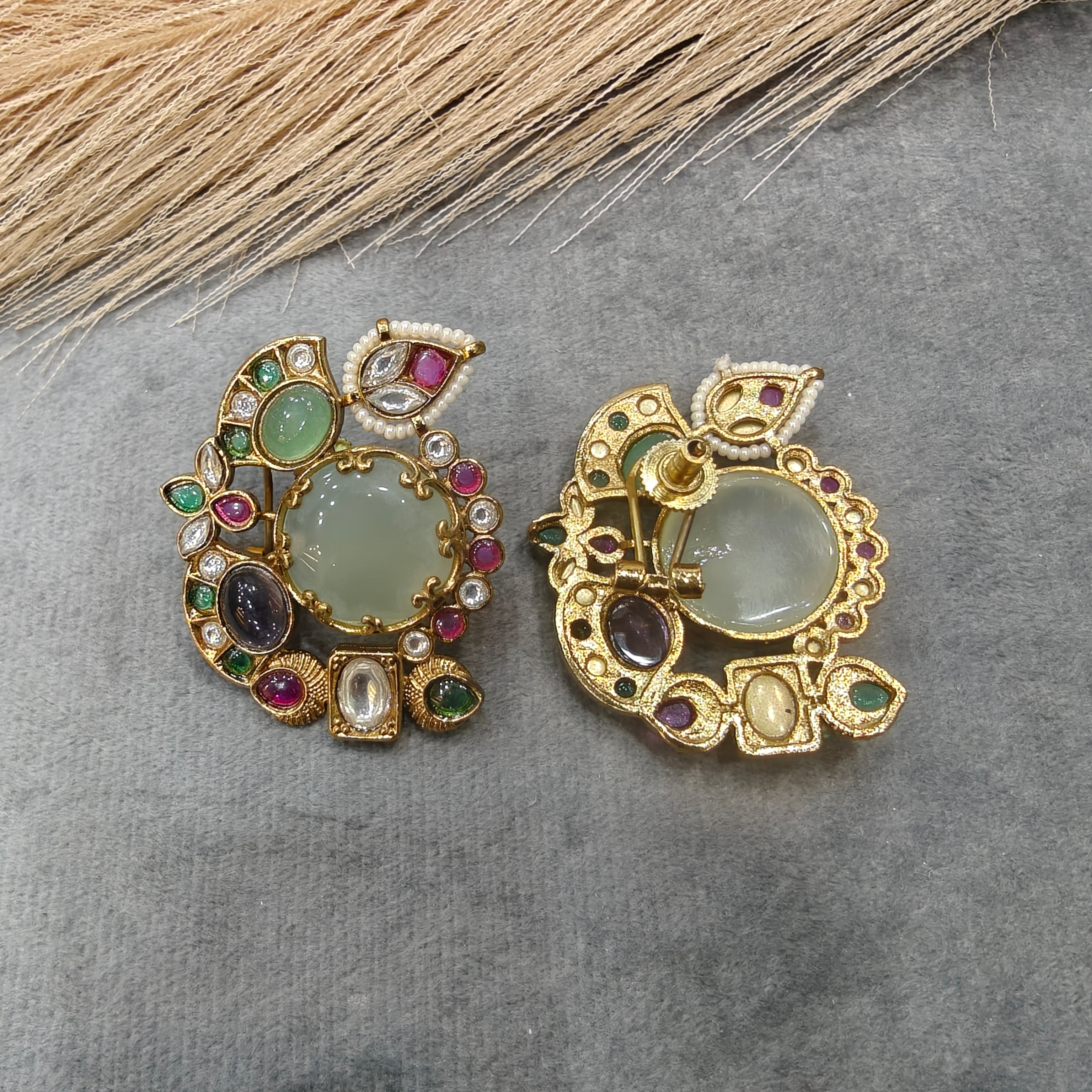 Avantika Gemstone Kundan Heritage Studs- Minty White Multi