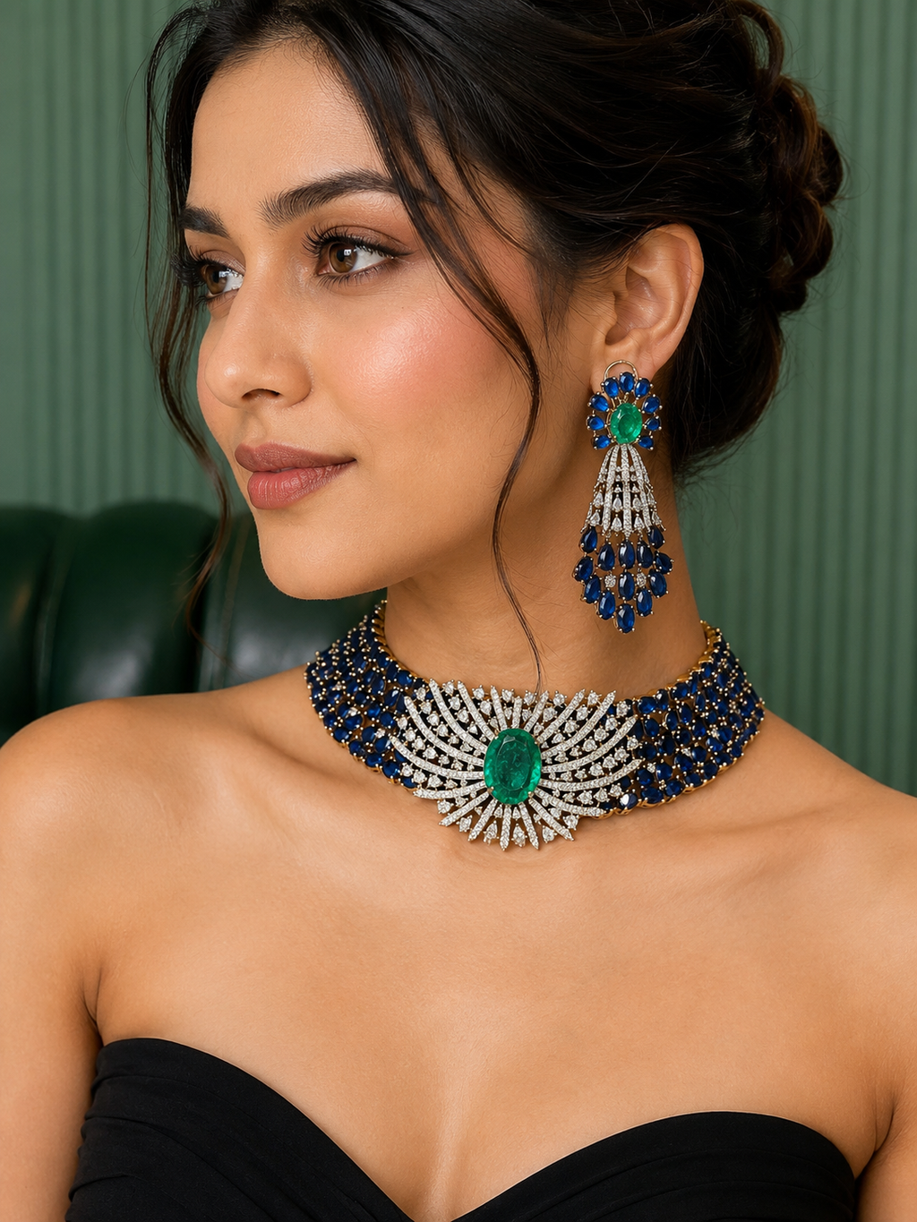 Masha Doublet AD Collar Choker Necklace Set - Blue Green