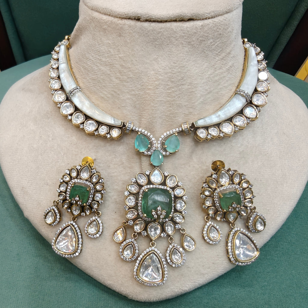 Elira Shell Stone and Doublet Hasli Style Necklace Set- Parrot and Mint Green