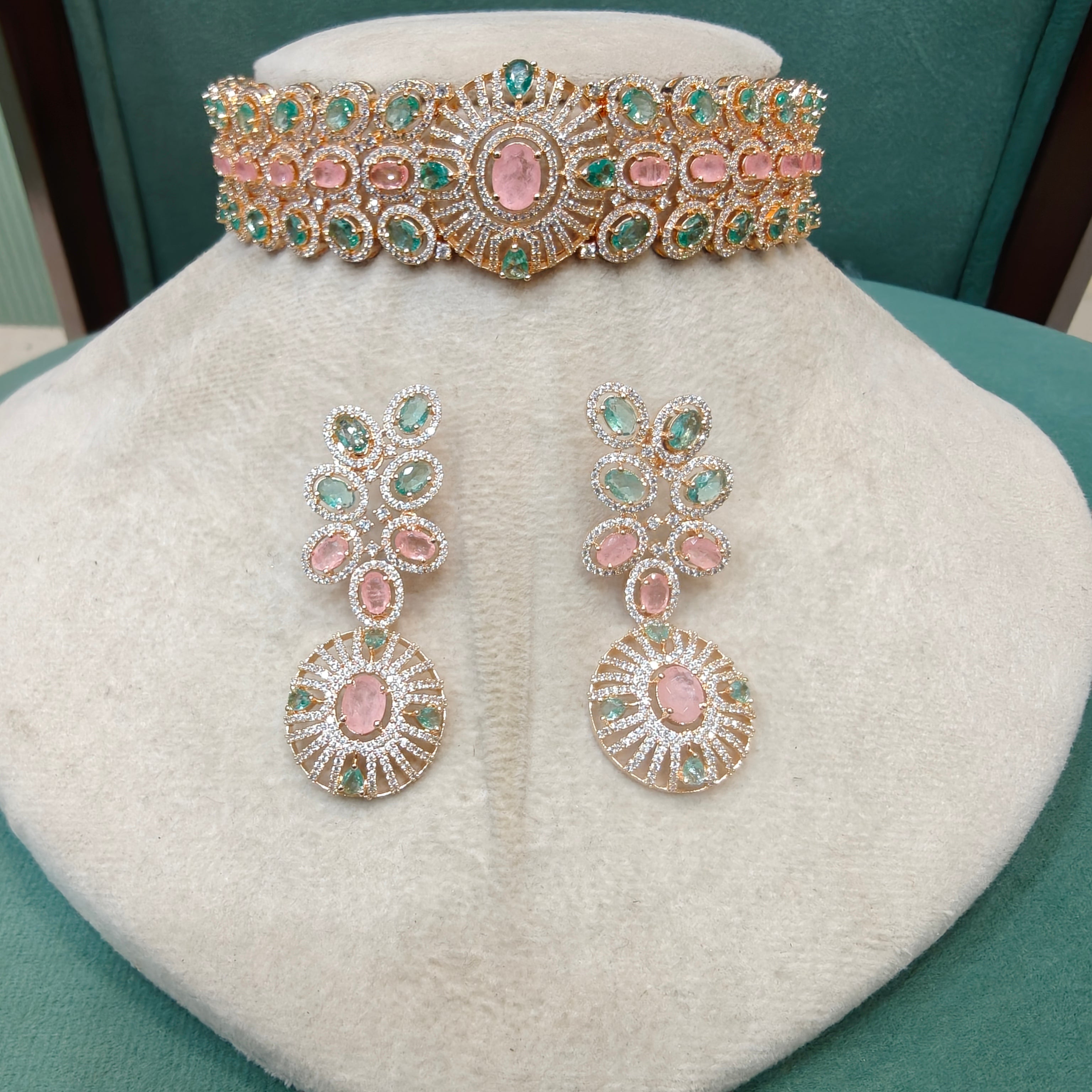 Radhya Premium Russian Doublet Choker Set- Morganite Pink and Mint