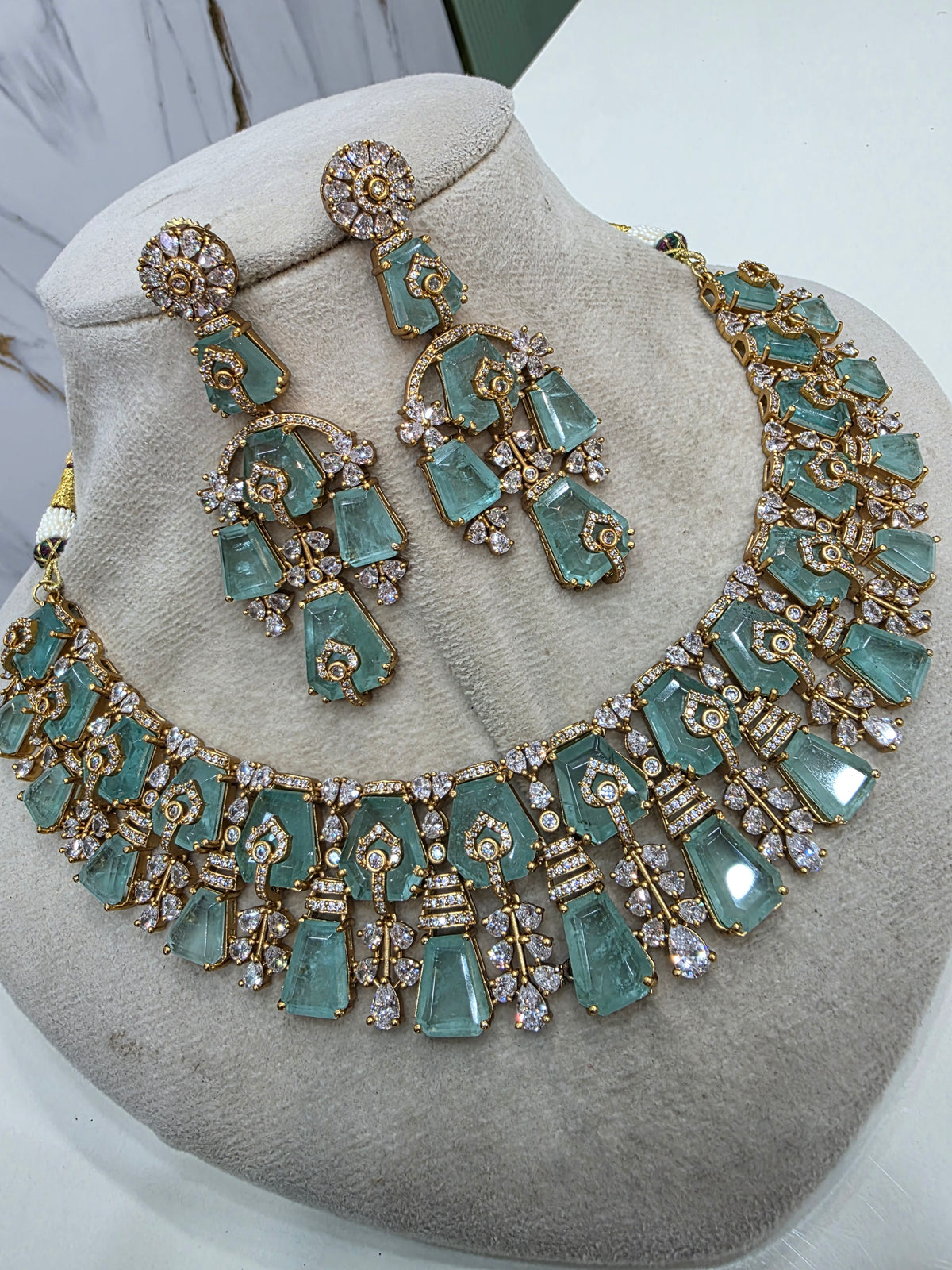 Gazal Russian Doublet Statement Necklace Set- Ice Blue