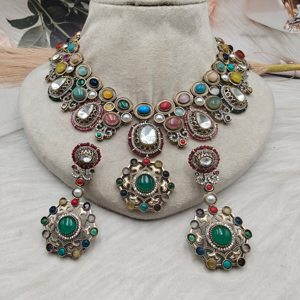 Nazakat Sabya Inspired Quartz Doublet and Polki Necklace Set