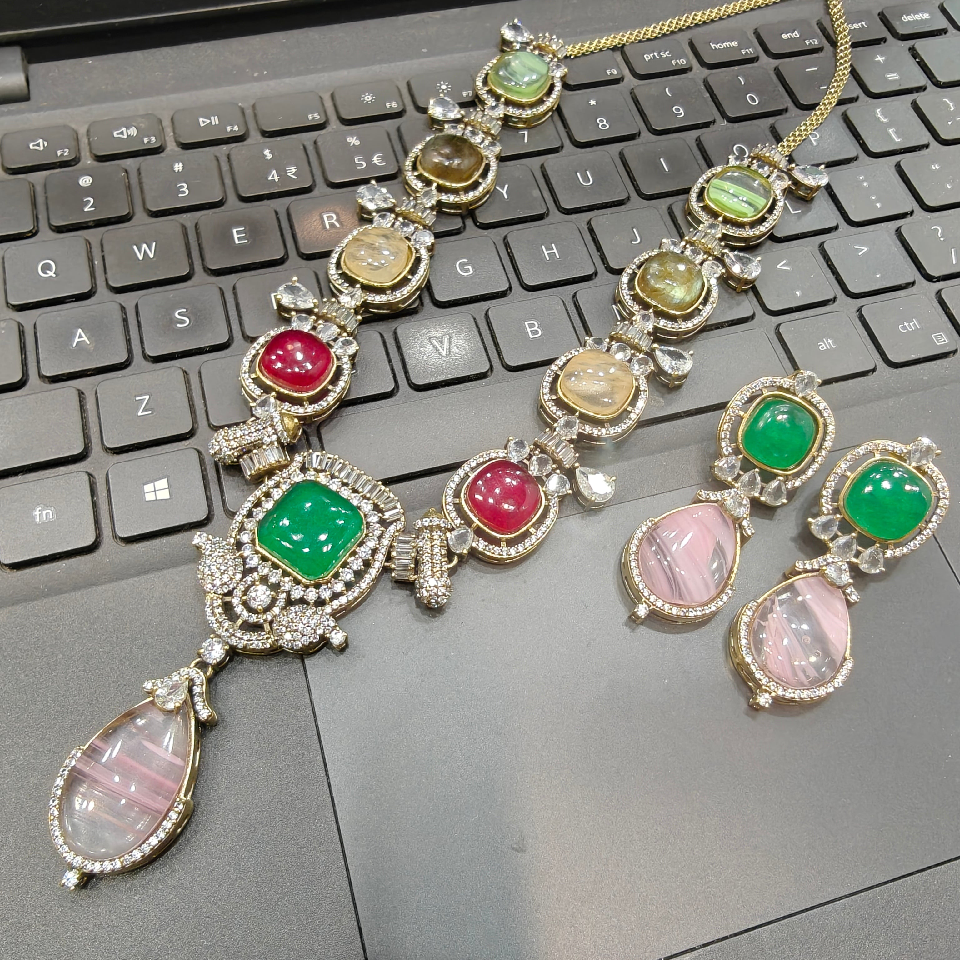 Aasma Sabya Inspired Quartz Doublet Necklace Set- Pink Green Multi