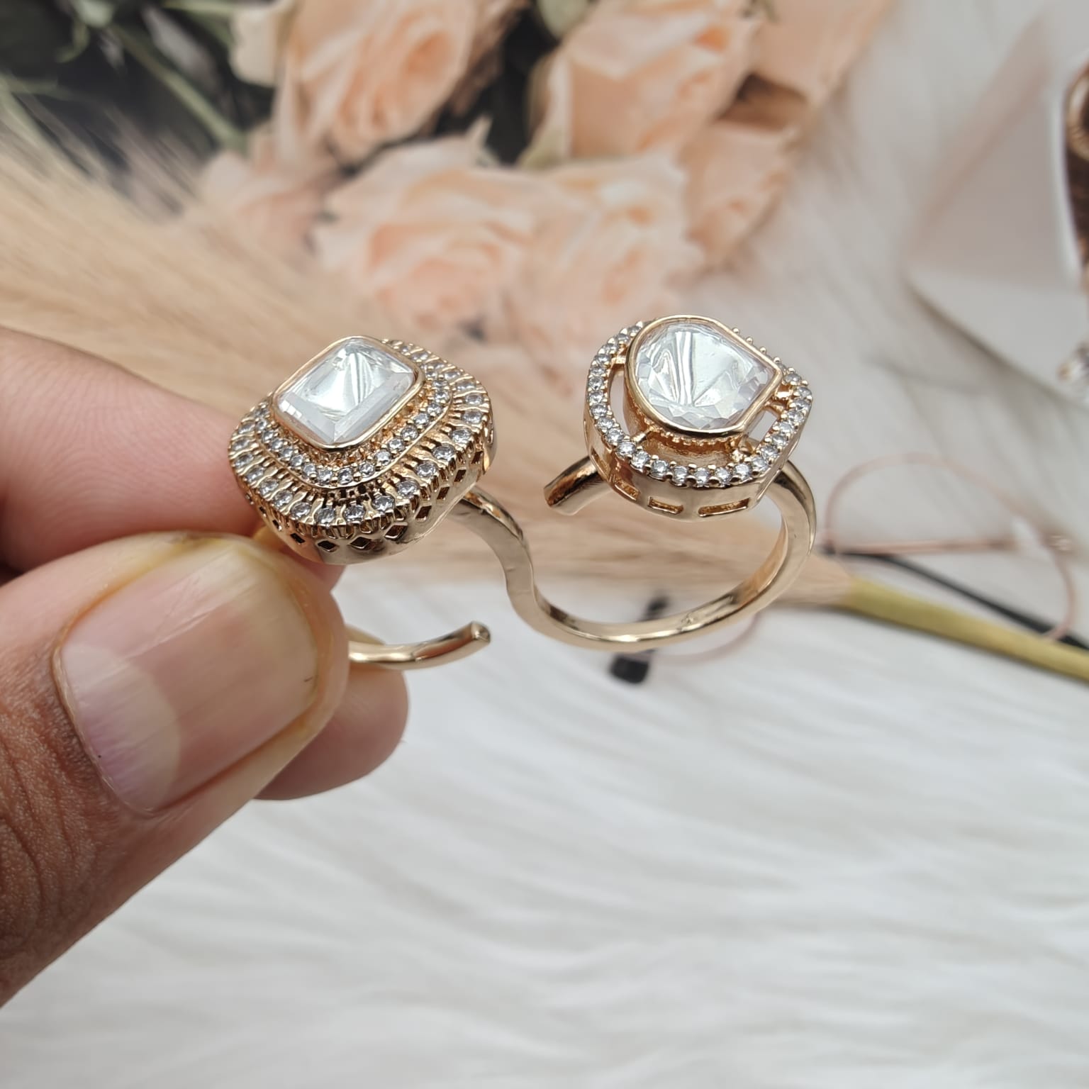 Saiyara Double Finger Uncut Polki Ring