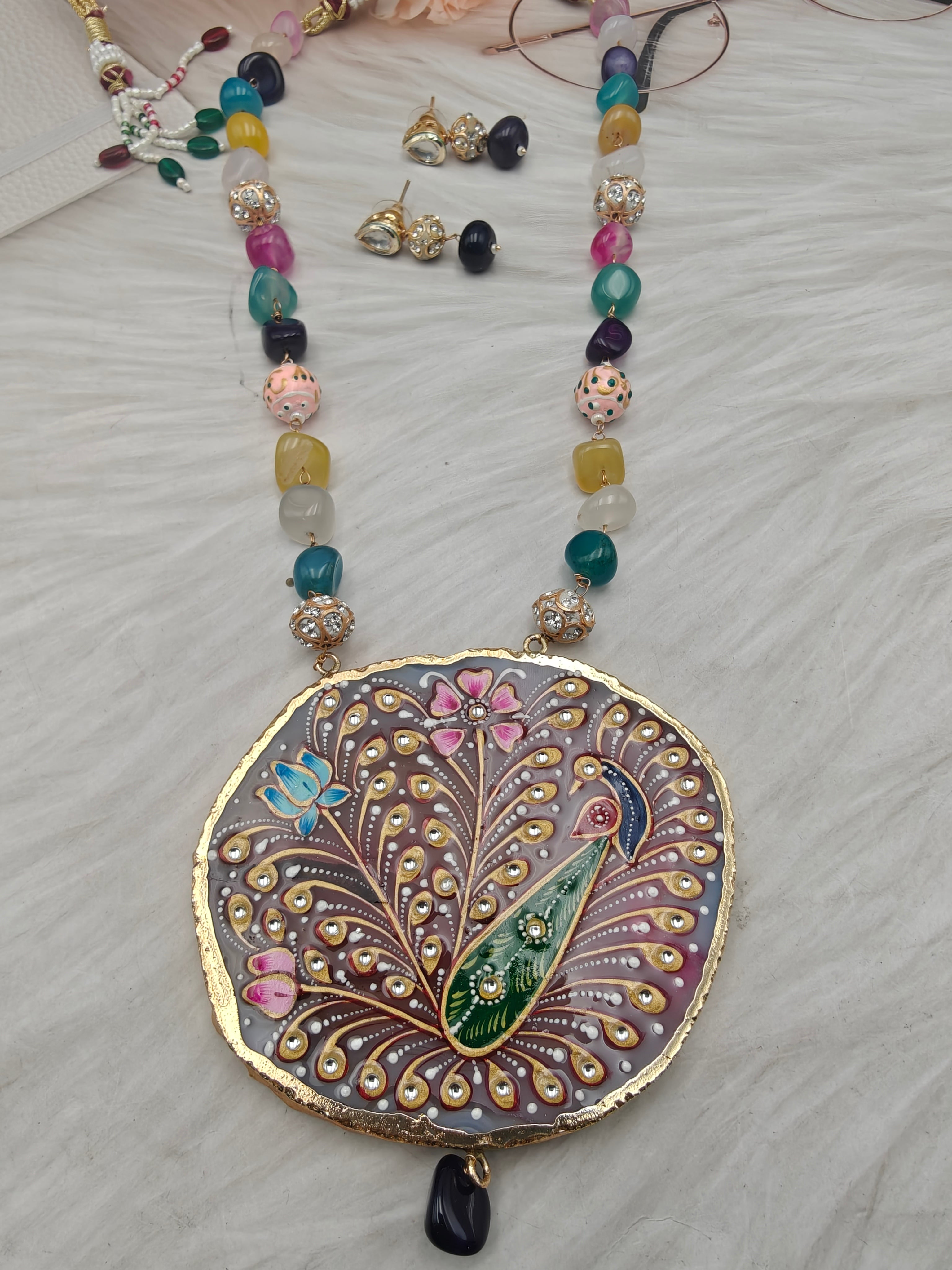 Tanjore Natural Stone Necklace Set - Multi