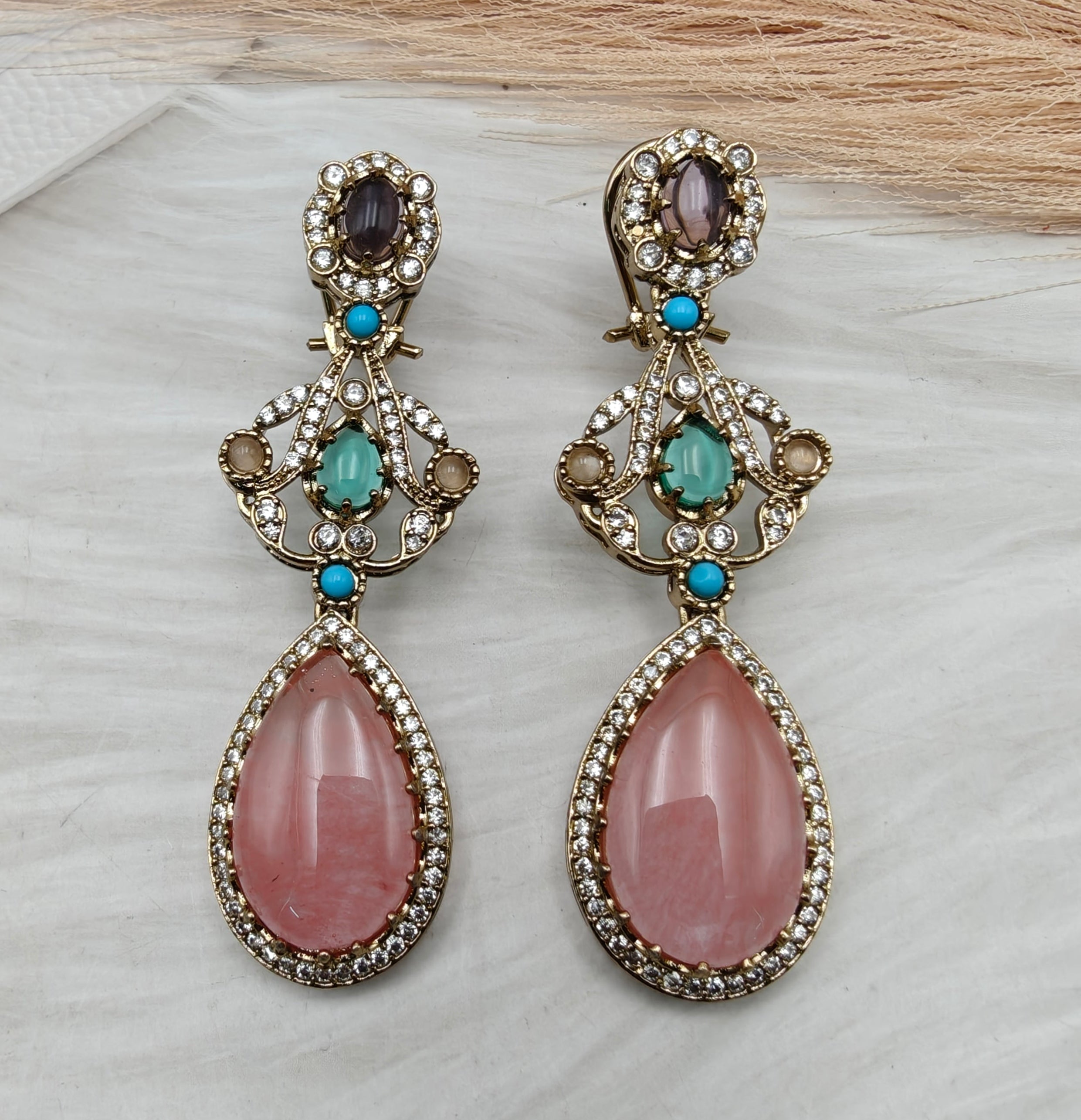 Ritvi Sabyasachi Inspired Premium Statement Earrings - Rose Quartz