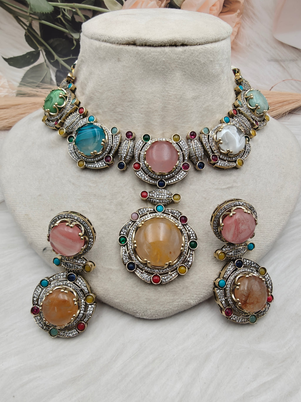 Maithali Sabyasachi Inspired Premium Semi Precious Stone Necklace Set - Multi 2