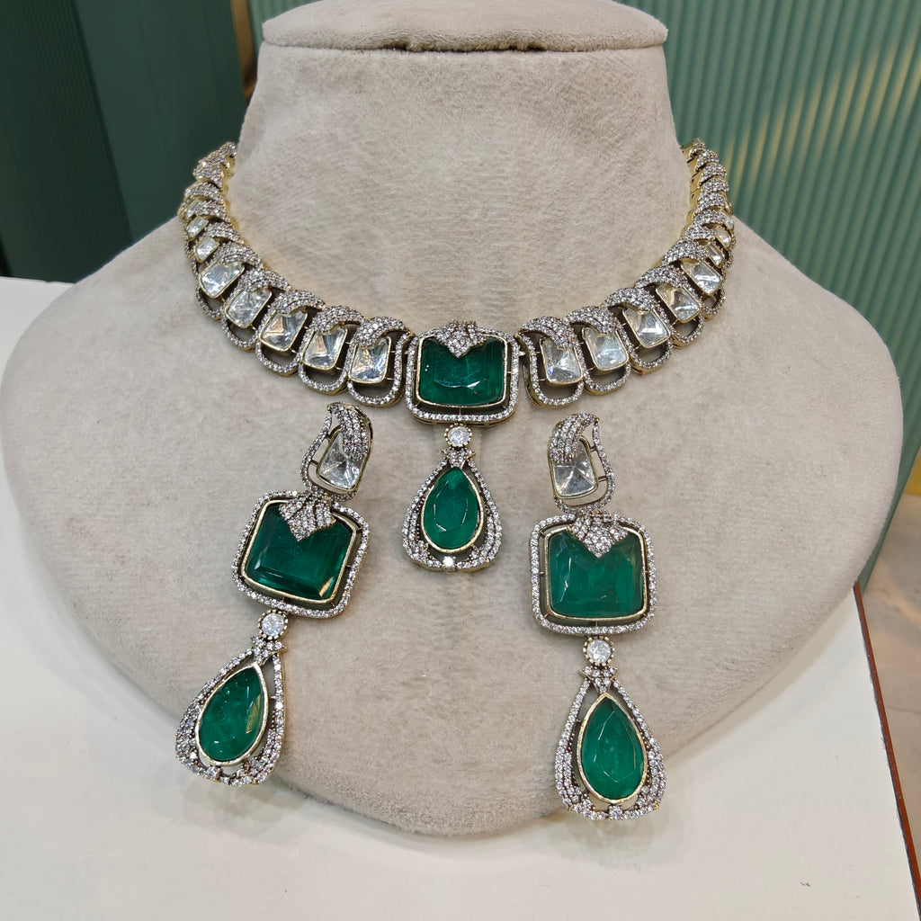 Madhumita Doublet Polki Necklace Set- Emerald