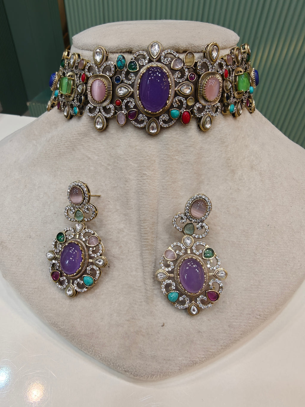 Kanika Sabya inspired Quartz Doublet Choker Set- Purple Multi