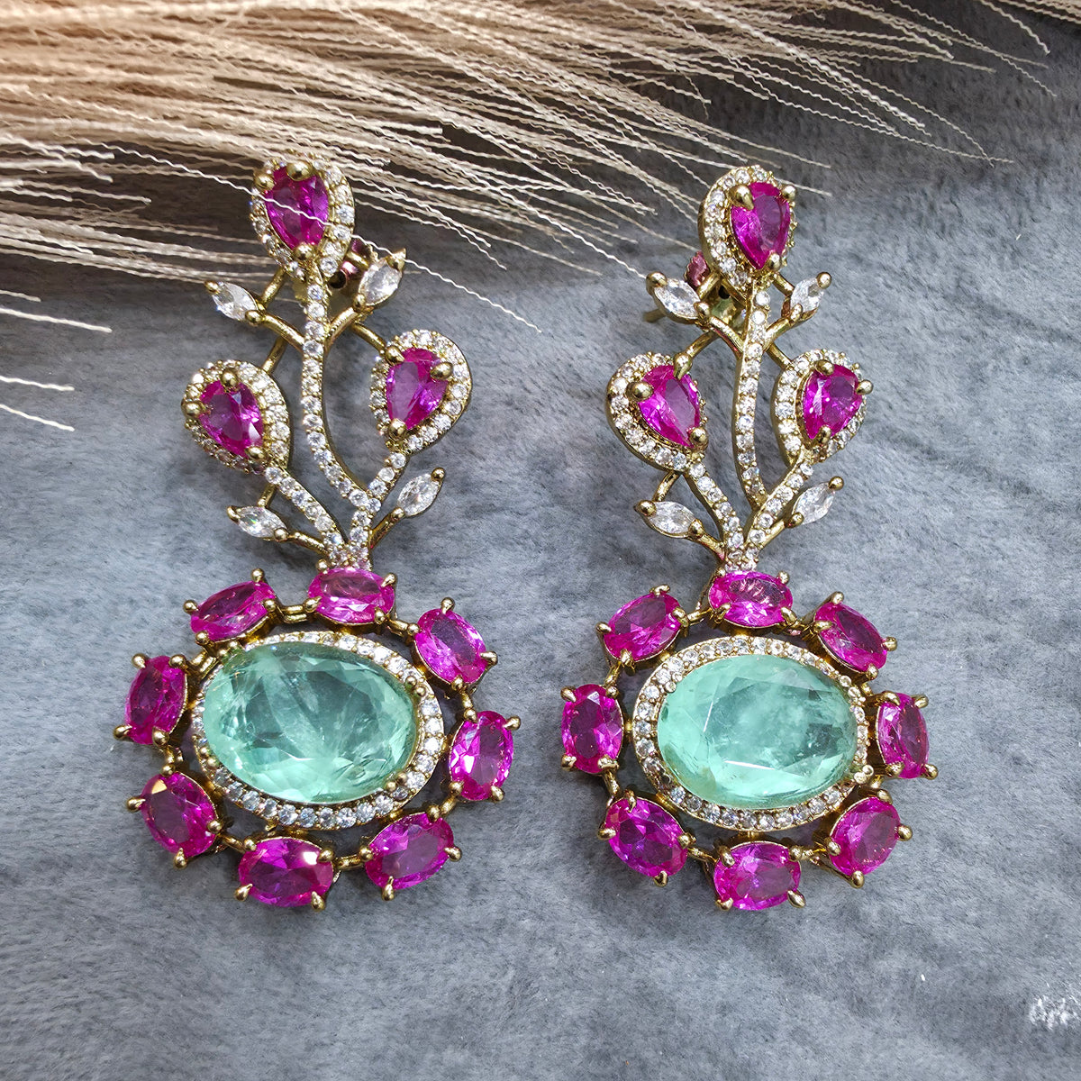 Karishma Hazoori Doublet Earrings - Mint and Magenta Pink