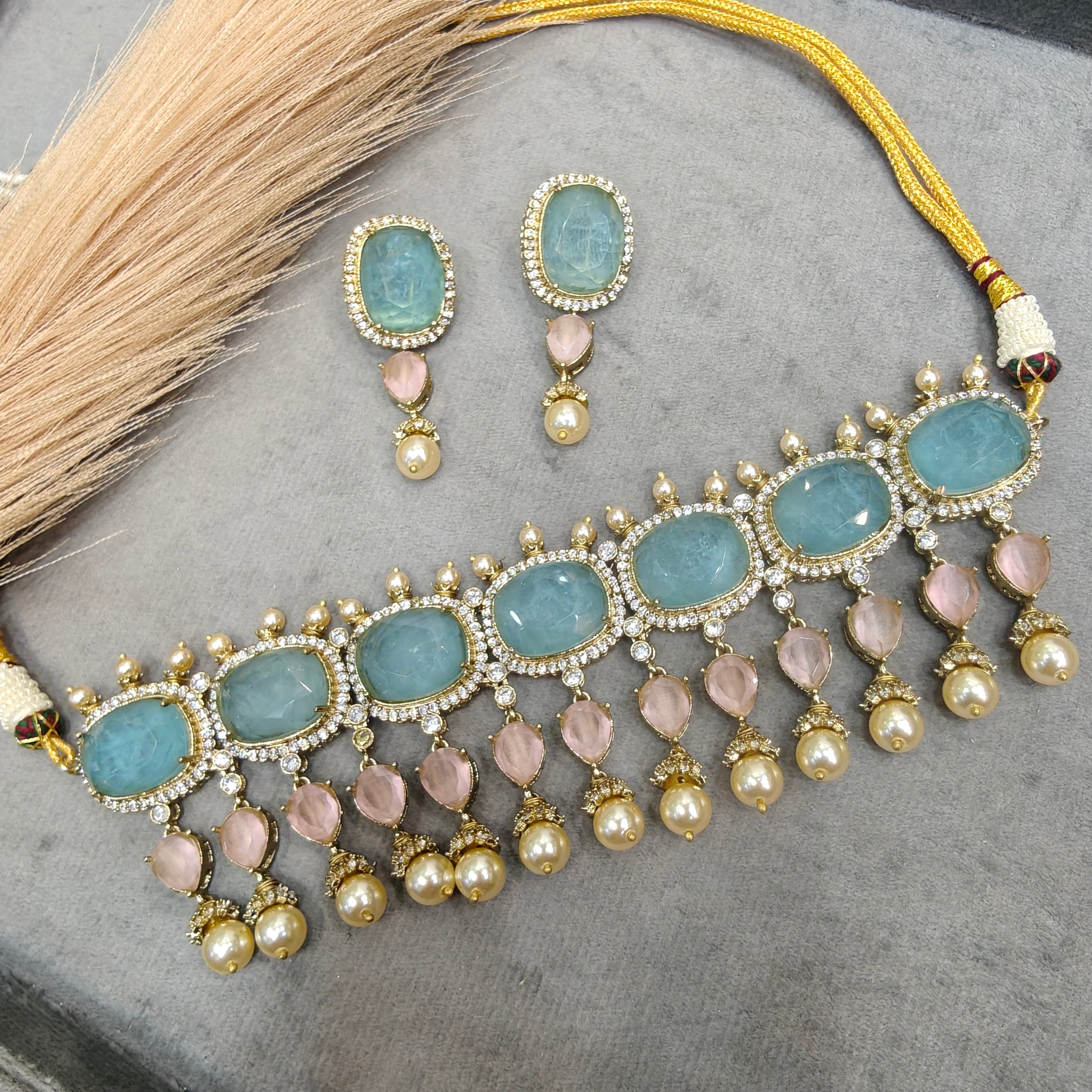 Dua Deepika Inspired Statement Choker Set- Ice Blue n Pink