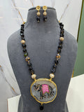 Elephant Natural Stone Tanjore Necklace Set- Black