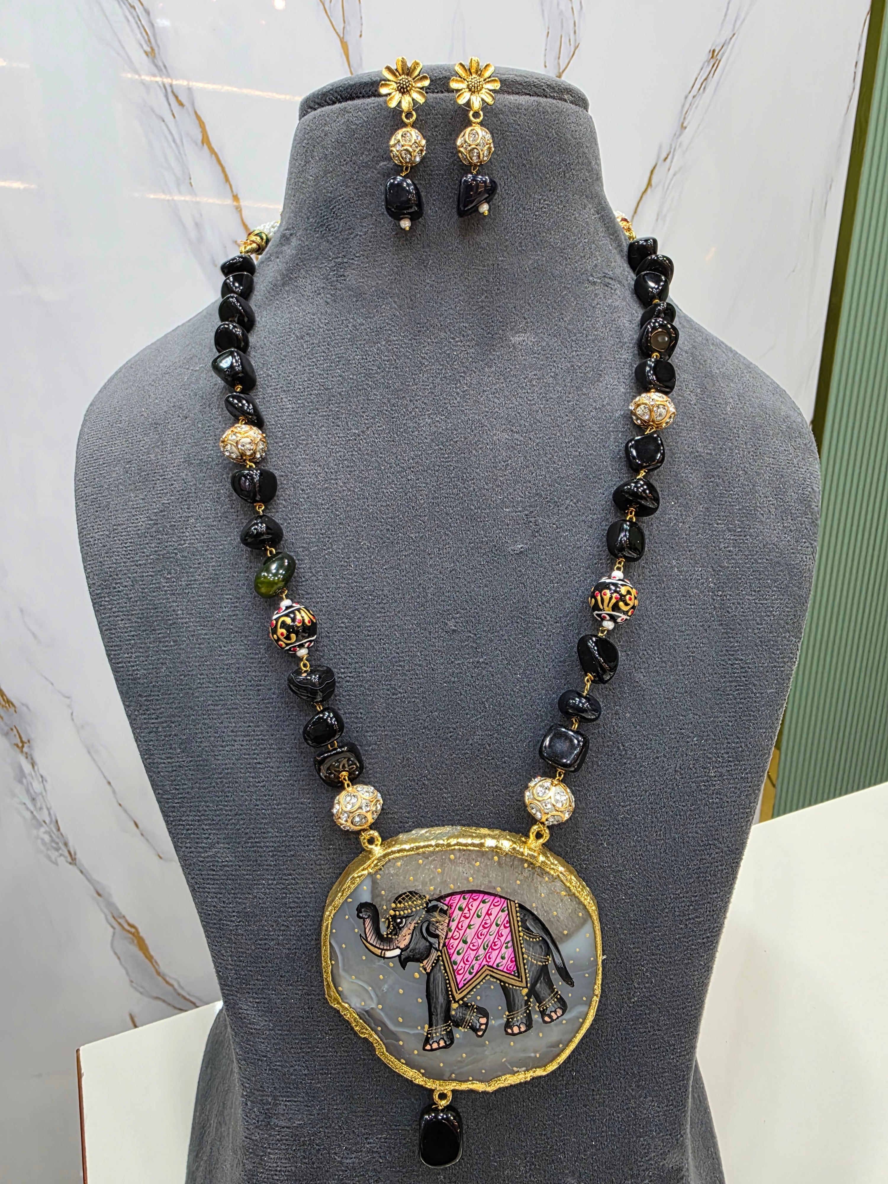 Elephant Natural Stone Tanjore Necklace Set- Black