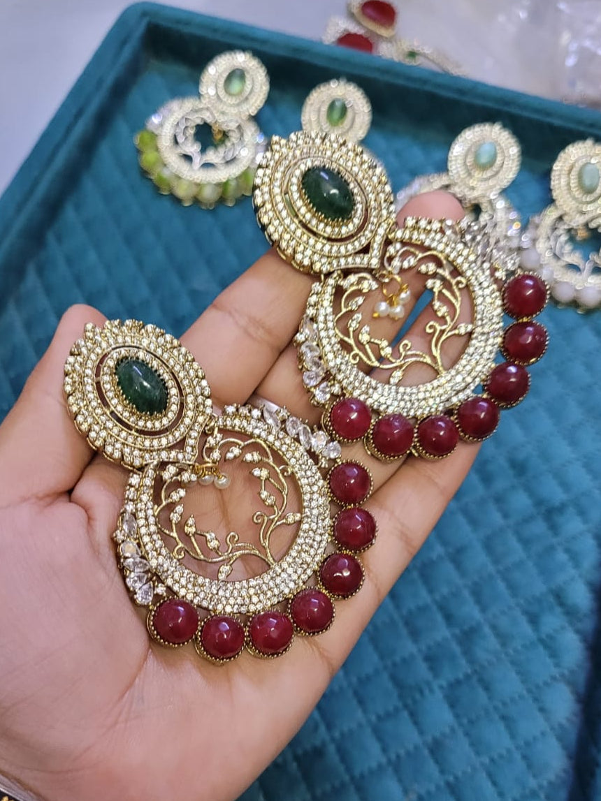 Amrita Natural Stone Chandbali- Red Green