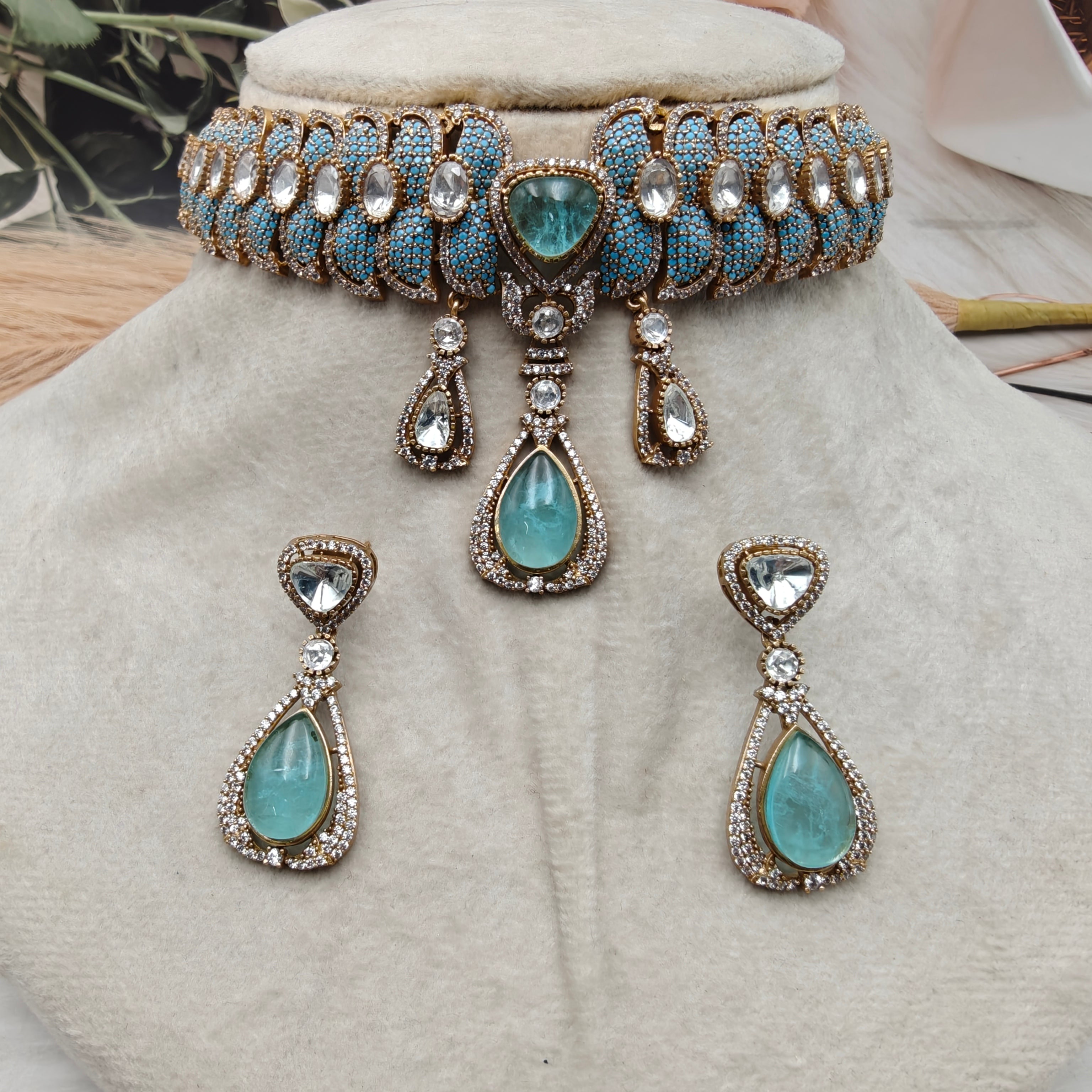 Sultanat Doublet Choker Set- Sky Blue