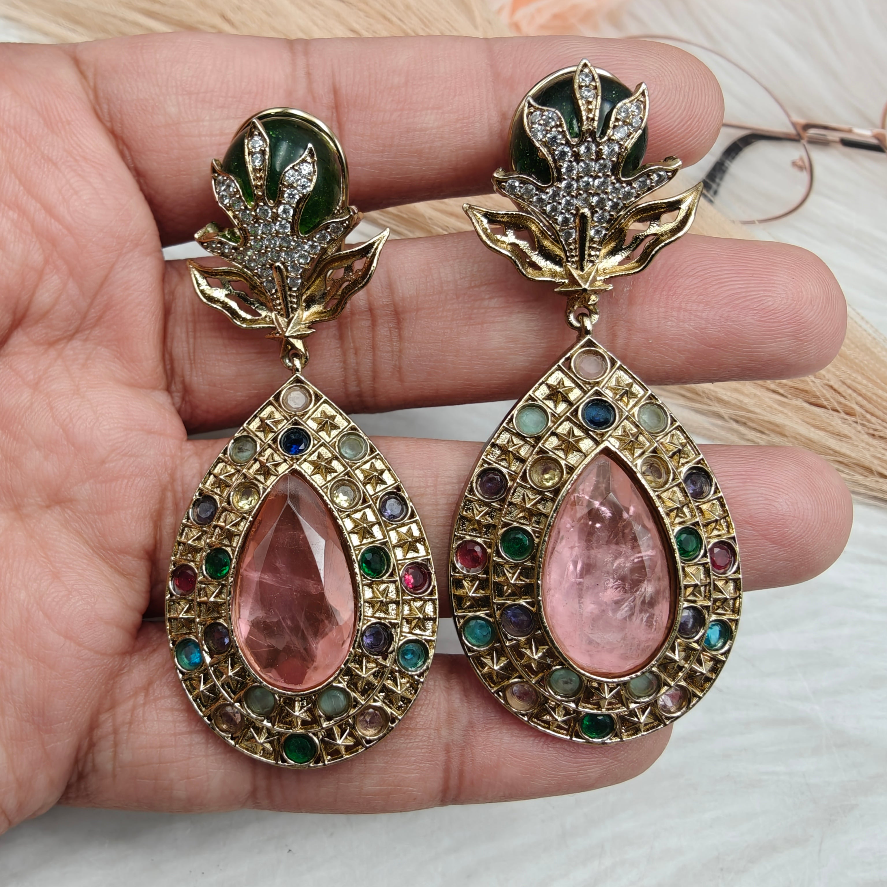 Natashi Doublet and Gemstone Earrings- Pink and Peridot Green