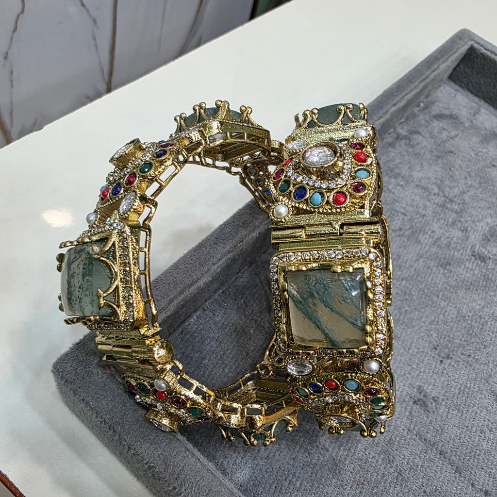 Chavi Sabya Inspired Gemstone Openable Bangles - Moss Green