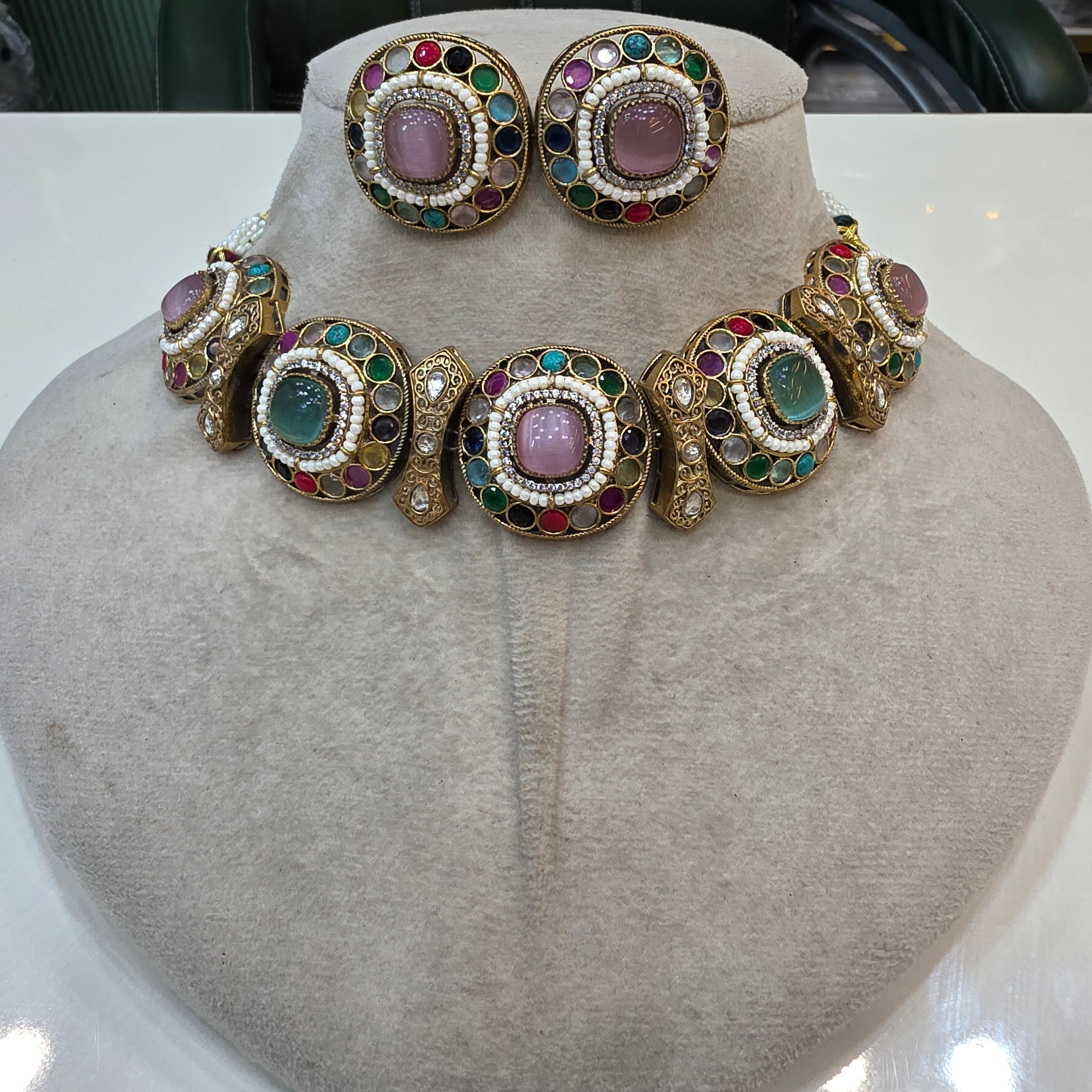 Anaysha Navratan choker Necklace Set- Pink Mint