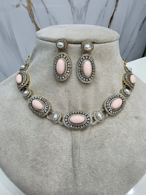 Aashi Statement Sleek Choker Necklace Set- Pink Opal