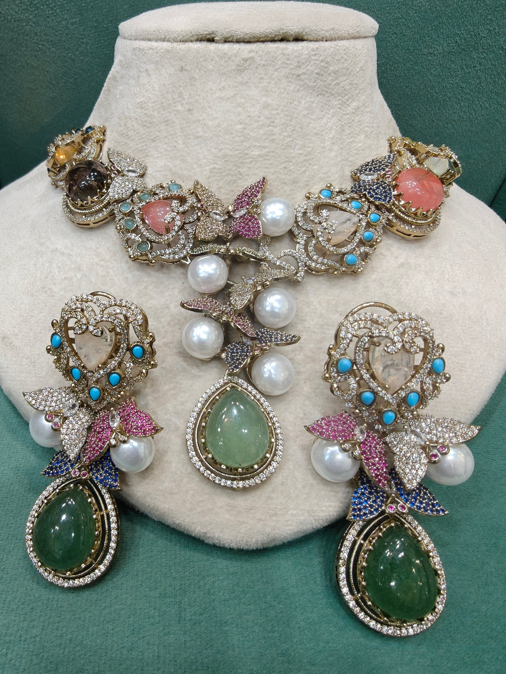 Genelia Sabya Inspired Premium Gemstone and Pearls Statement Necklace Set- Green Multi