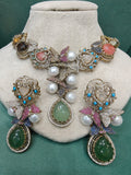 Genelia Sabya Inspired Premium Gemstone and Pearls Statement Necklace Set- Green Multi