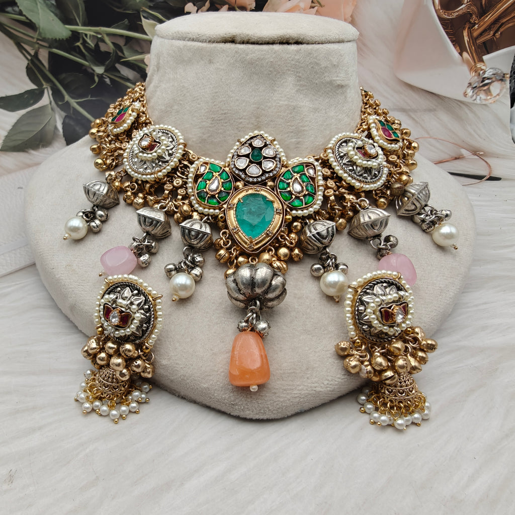Sajana Amrapali Brass Fusion Necklace Set - Orange and Green