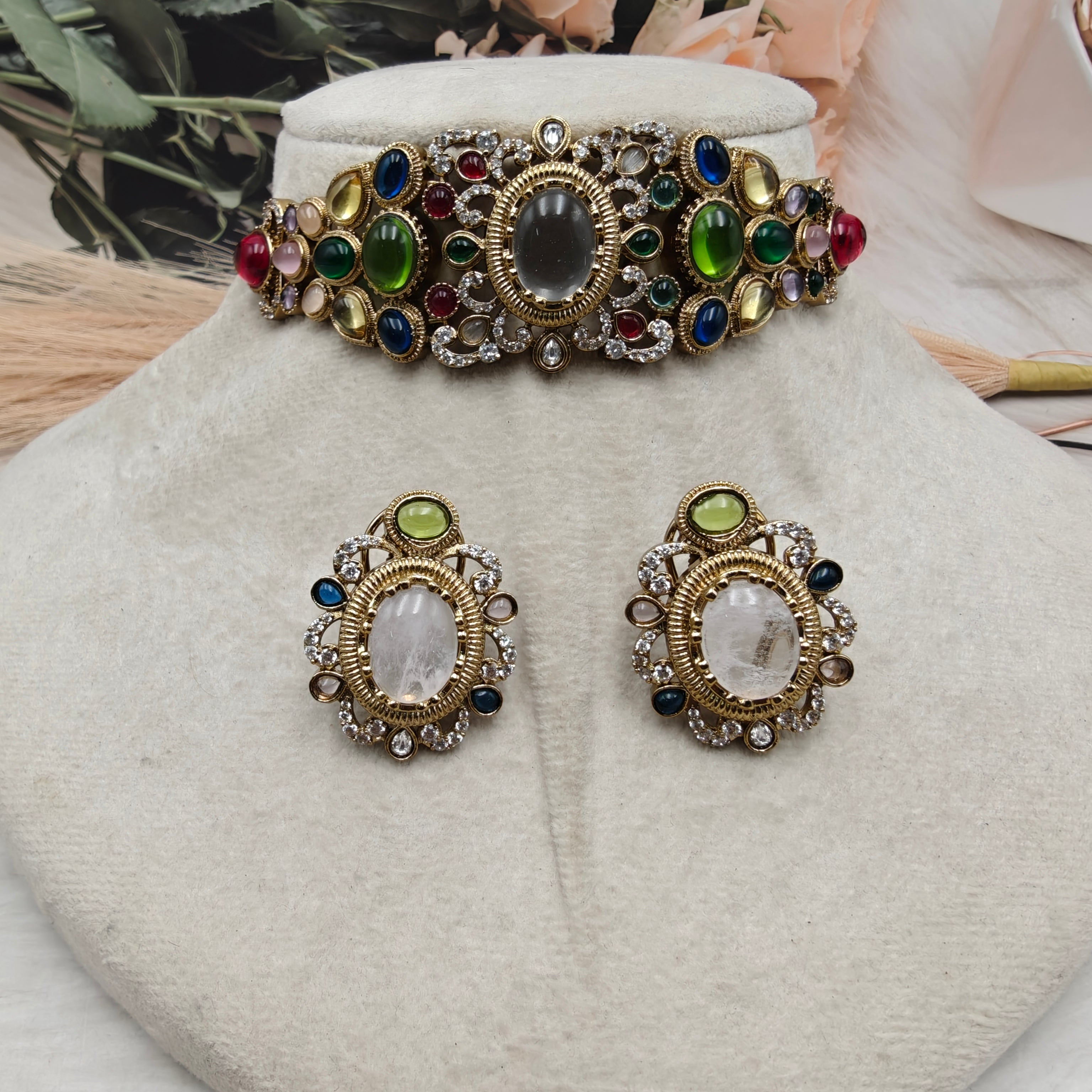 Tara Sabyasachi Inspired Gemstones Choker Set- Green Multi
