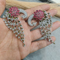 Vantara Peacock Statement Silver Plated Earrings- Rose Pink and Champagne Green