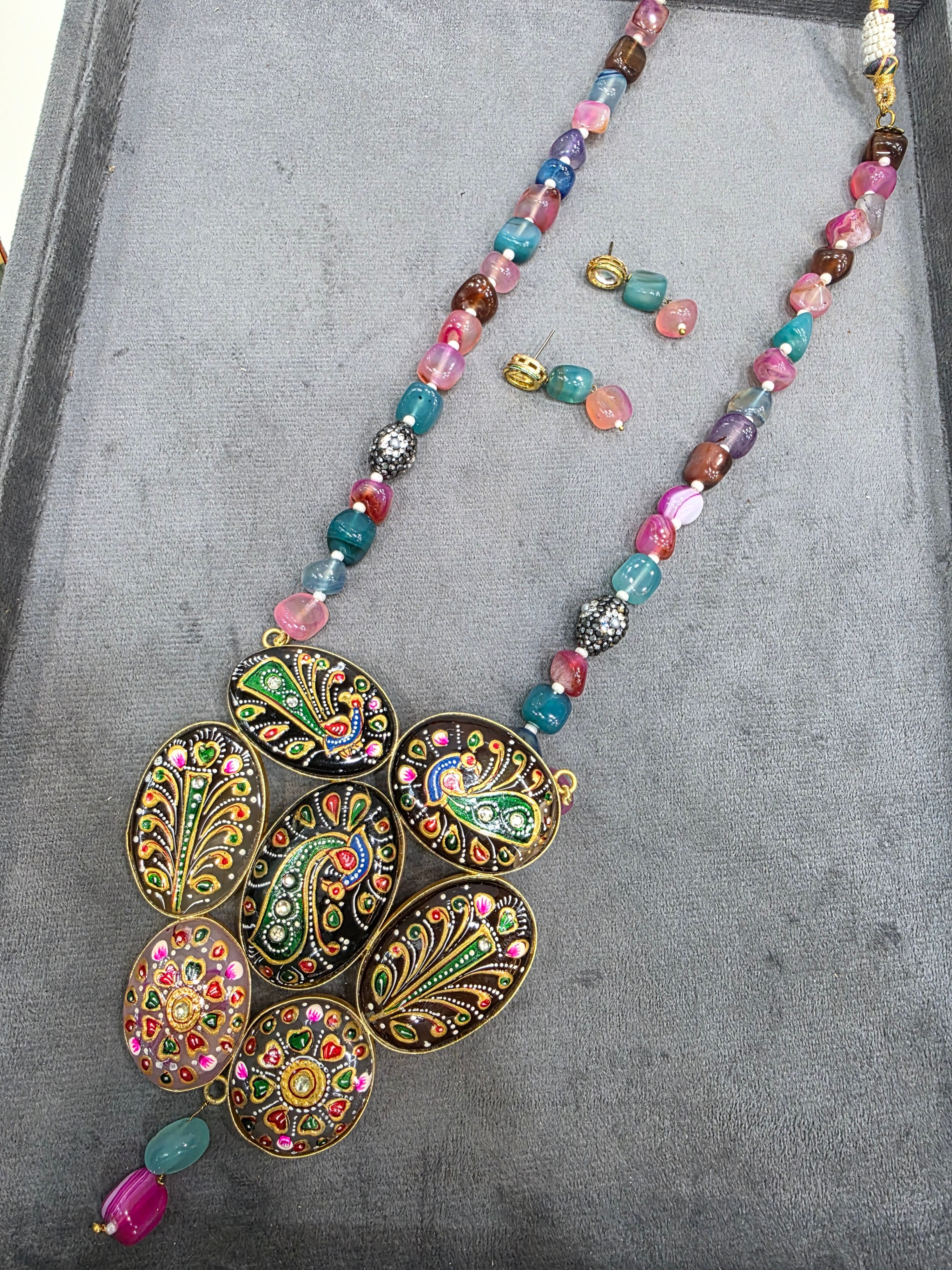 Tanjore Natural Stone Long Necklace - Multi