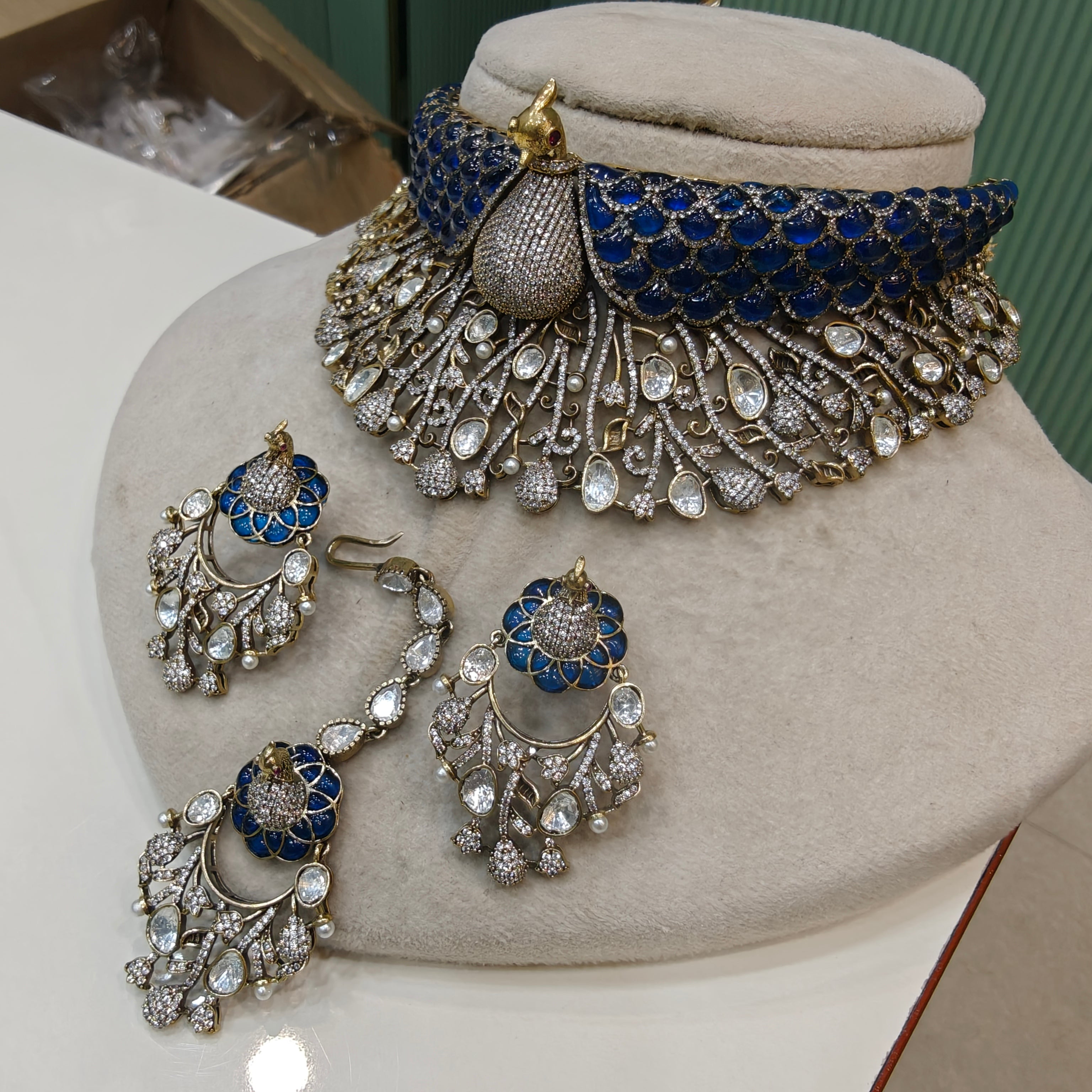Royal 3D Mayura Epoxy Statement Earrings with Mangtikka- Blue