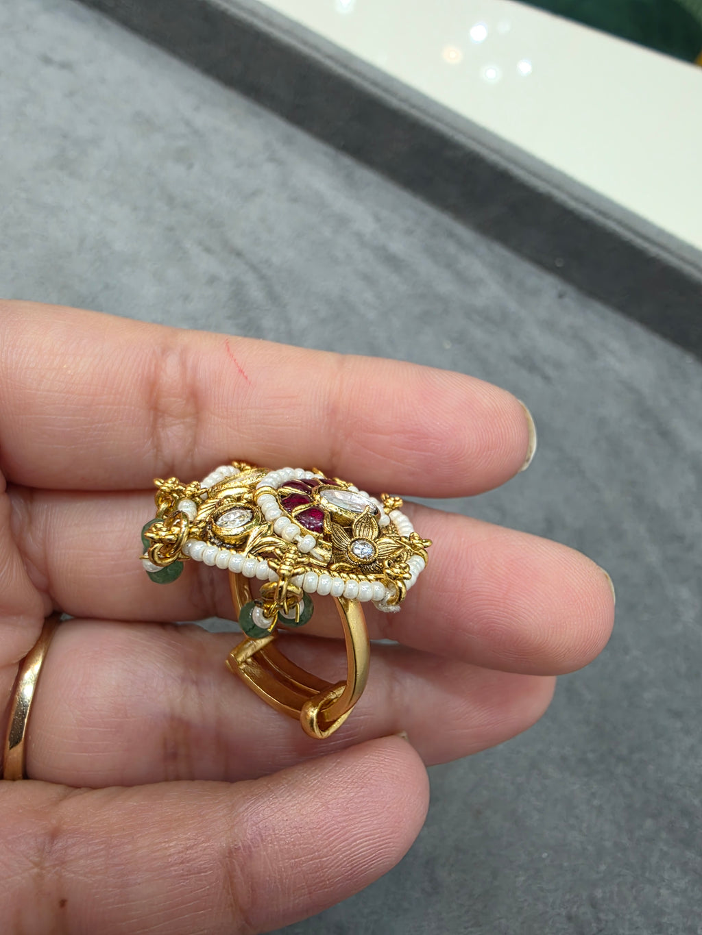 Chandani Heritage Brass Adjustable Ring - Ruby