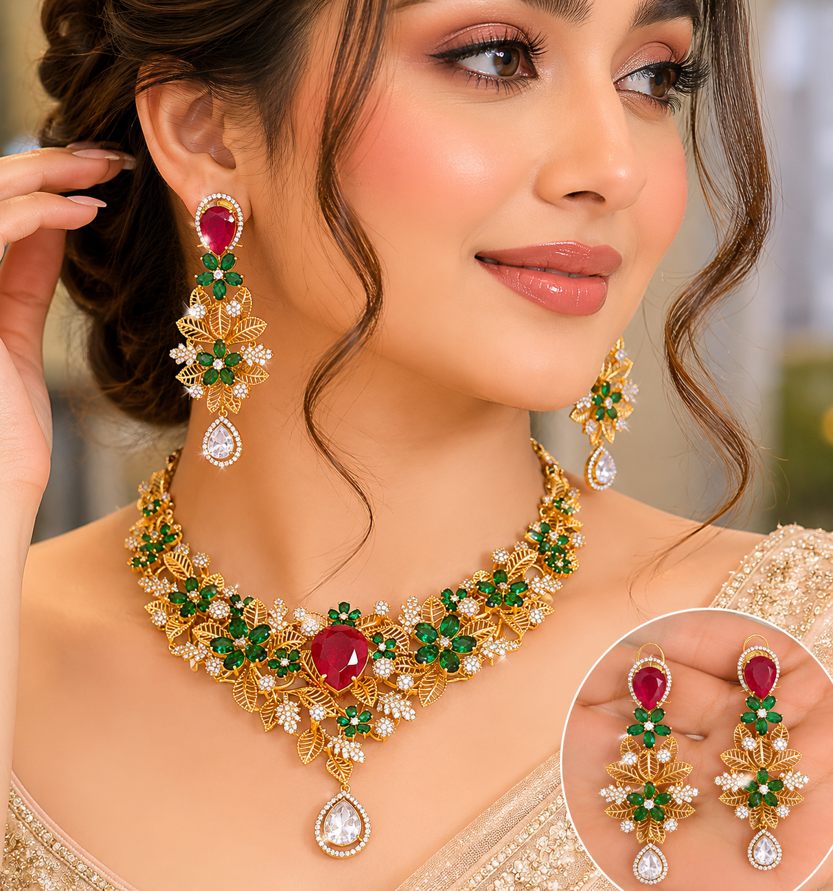 Flower Blossom Doublet Necklace Set- Red Green