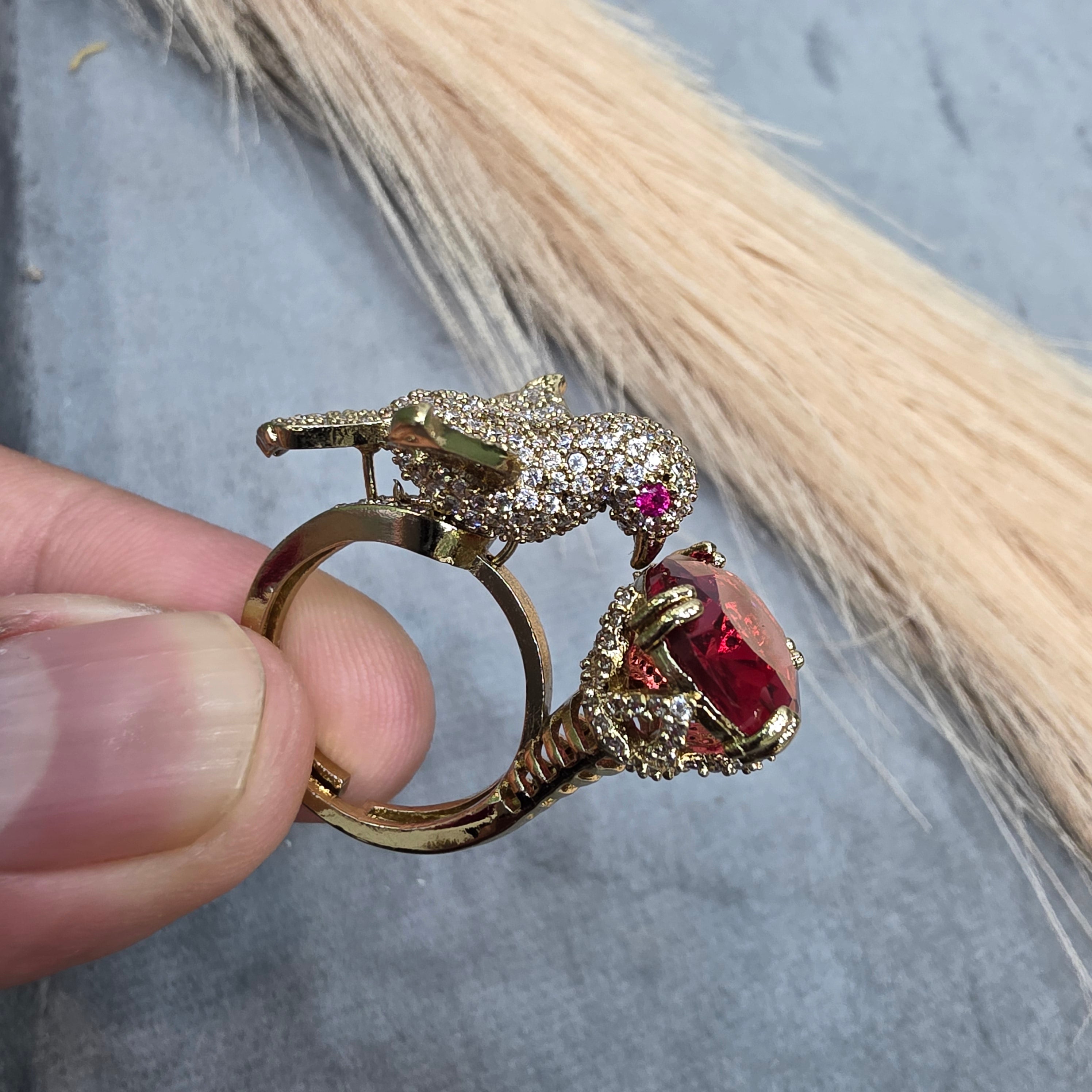 Arohi Bird Adjustable Ring- Ruby Red