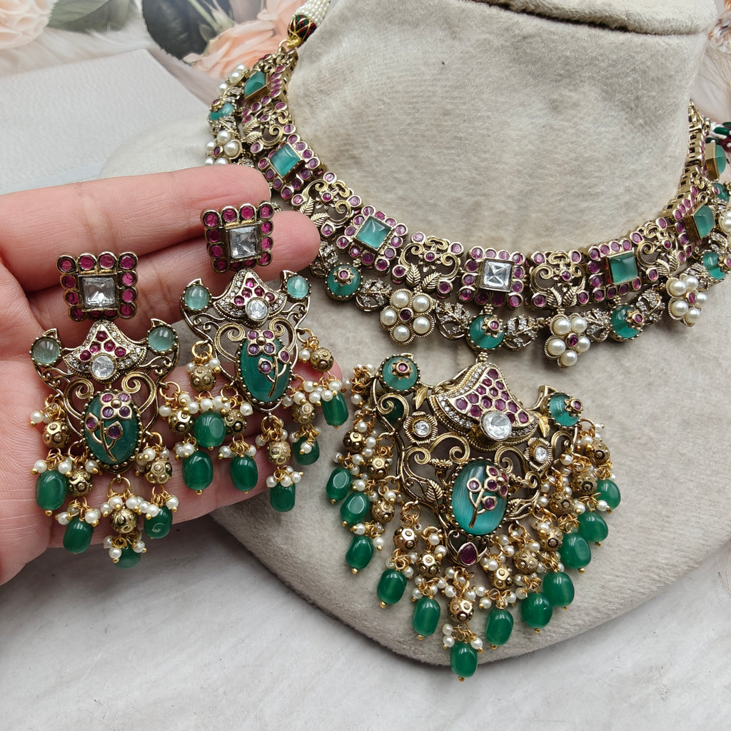 Vandana Heritage Necklace Set- Mint n Ruby