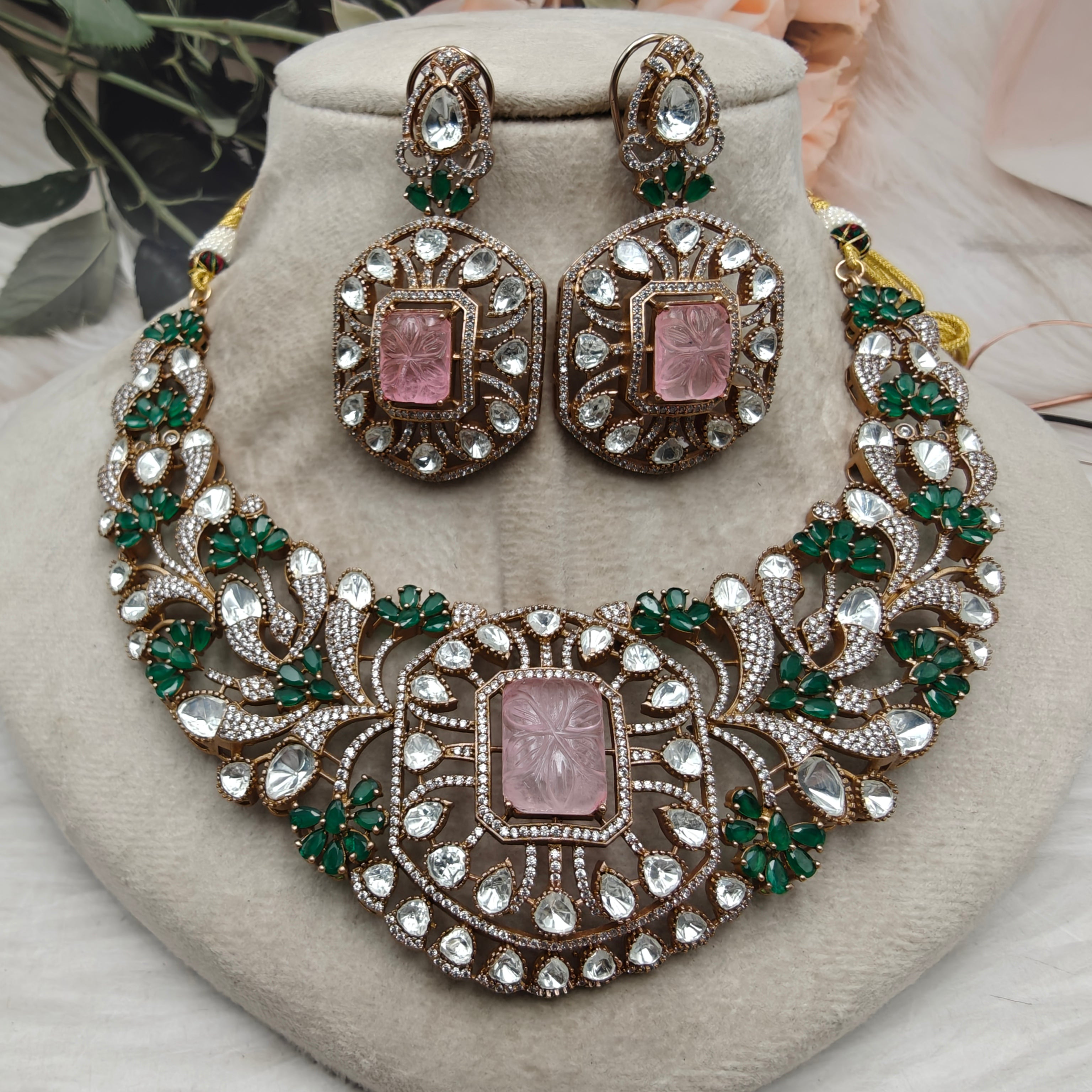 Samrajini Moissanite Necklace Set- Green n Pink