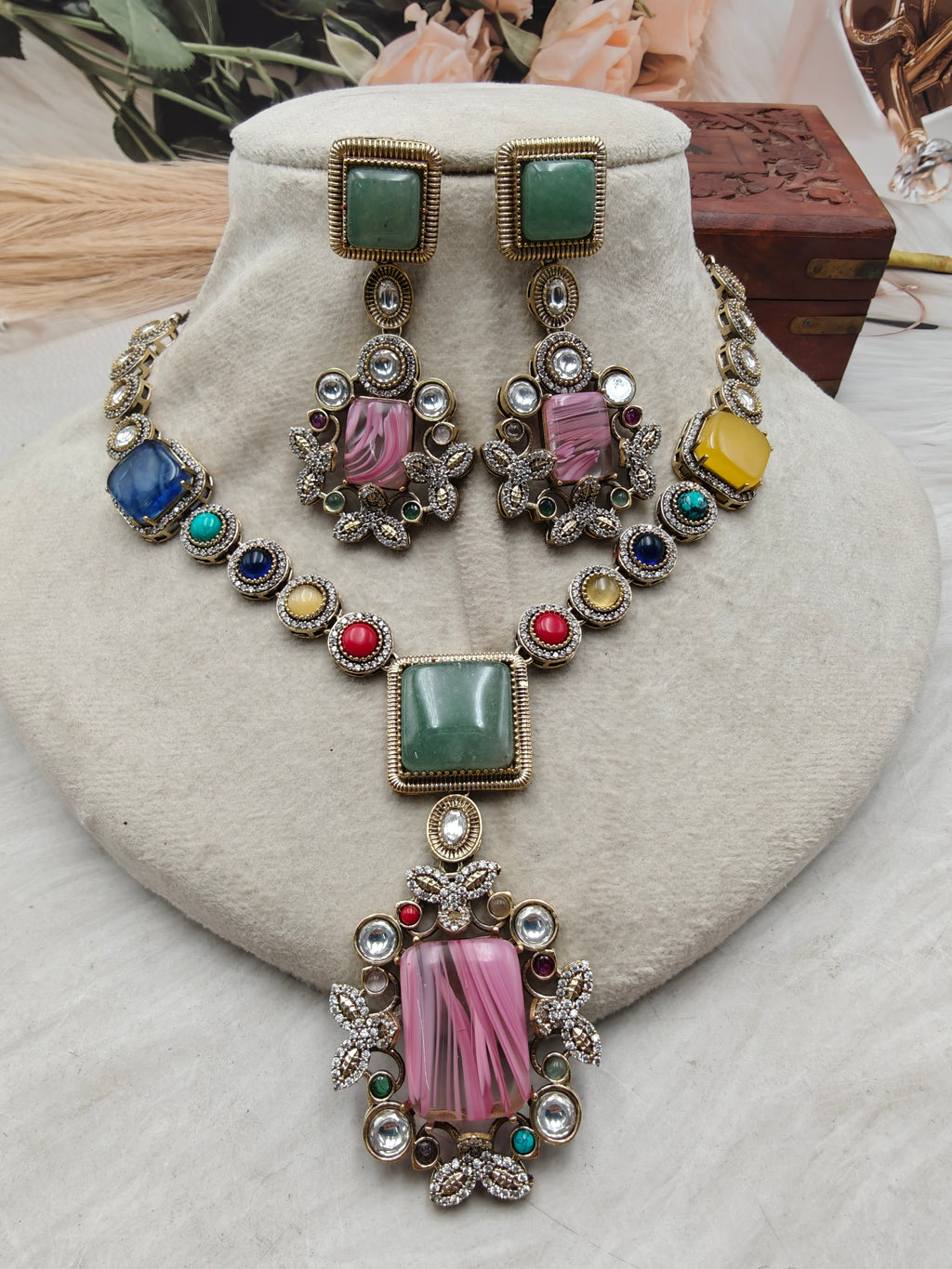 Mitali Sabya Inspired Gemstones Statement Necklace Set -Mint Multi