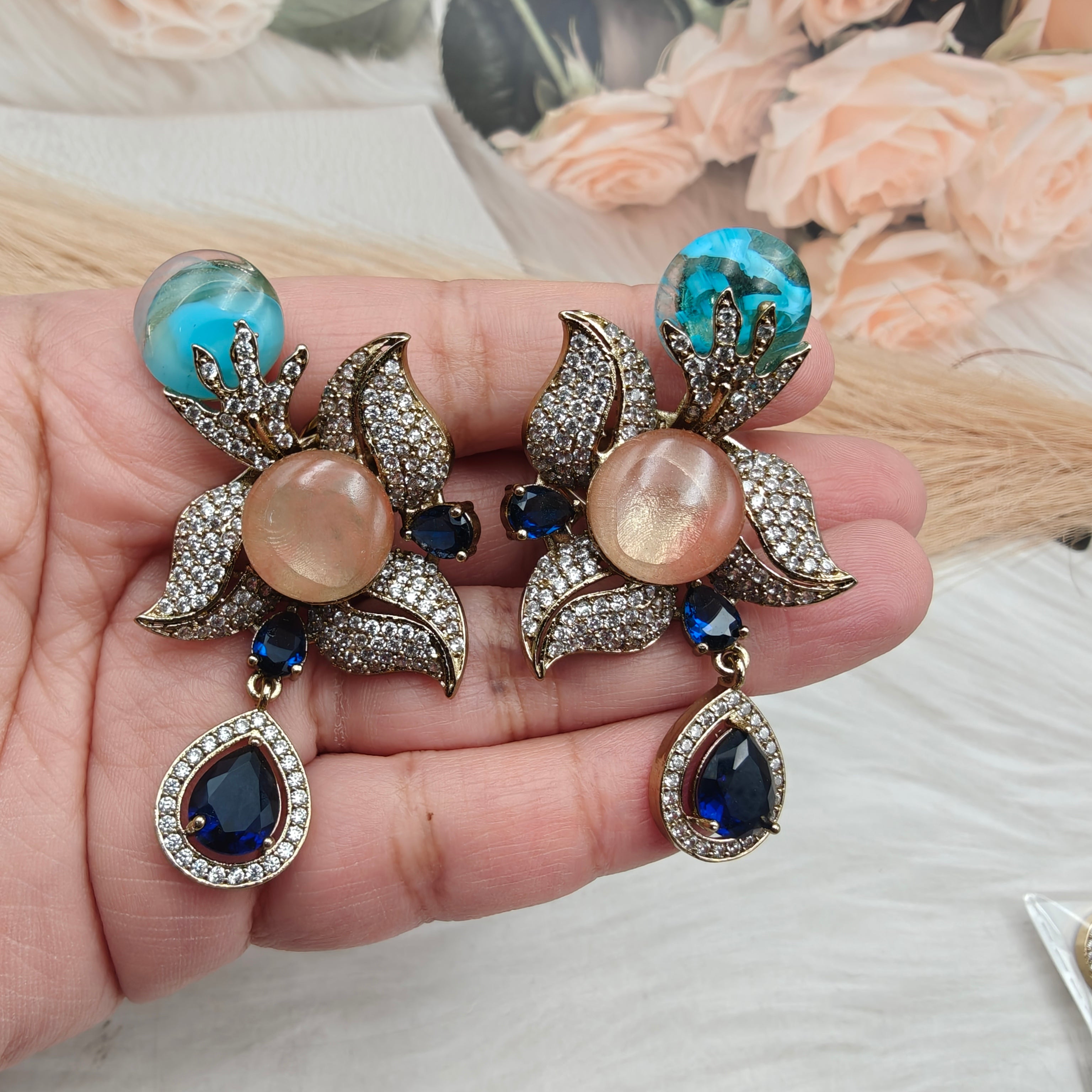 Nartika Sabyasachi Inspired Statement Gemstone Studs- Peach Blue