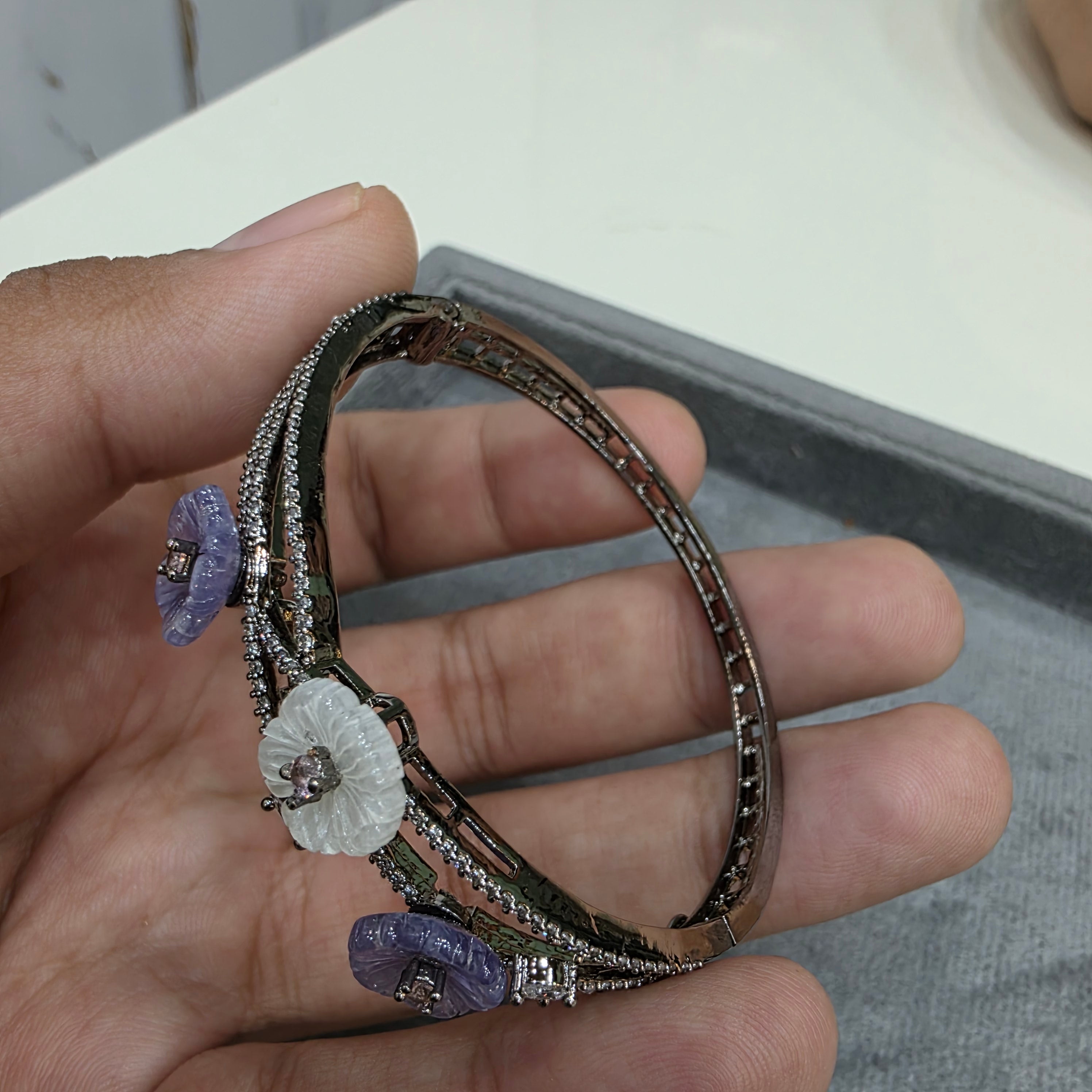 Shreya Carved Stone Openable Bracelet - Purple White