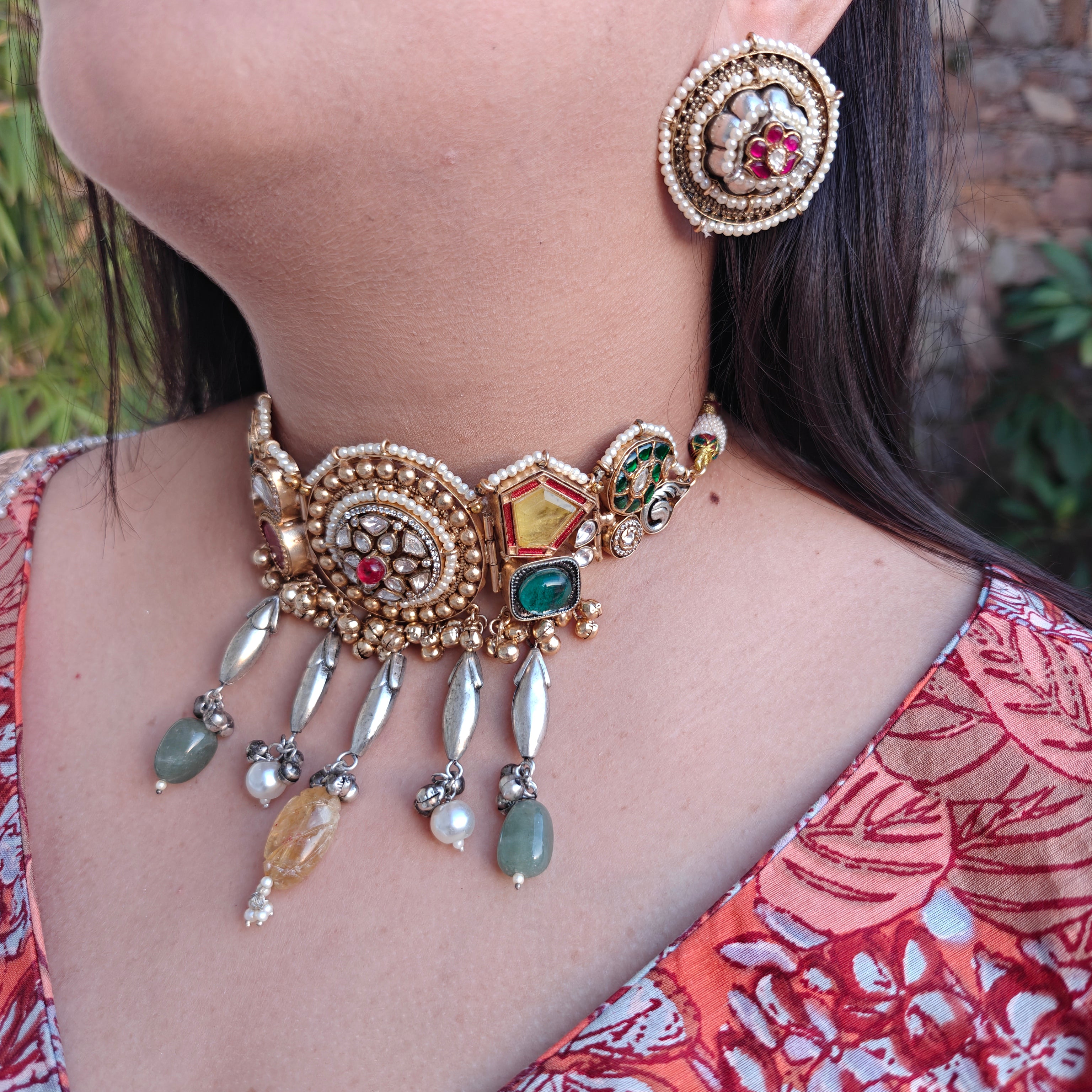 Runjhun Handcrafted Doublet and Moissanite Brass Fusion Choker Set